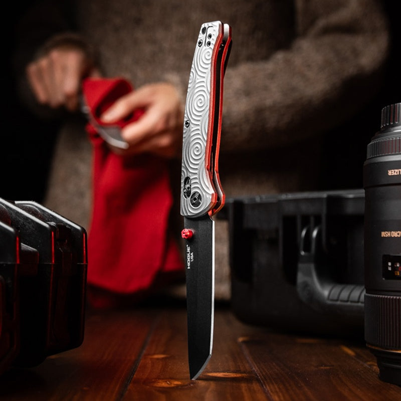 Hogue Mysto Manual Knife – 3.4” MagnaCut Upswept Tanto Blade, Black Cerakote, Titanium Frame – Made in USA (24490-LIM)