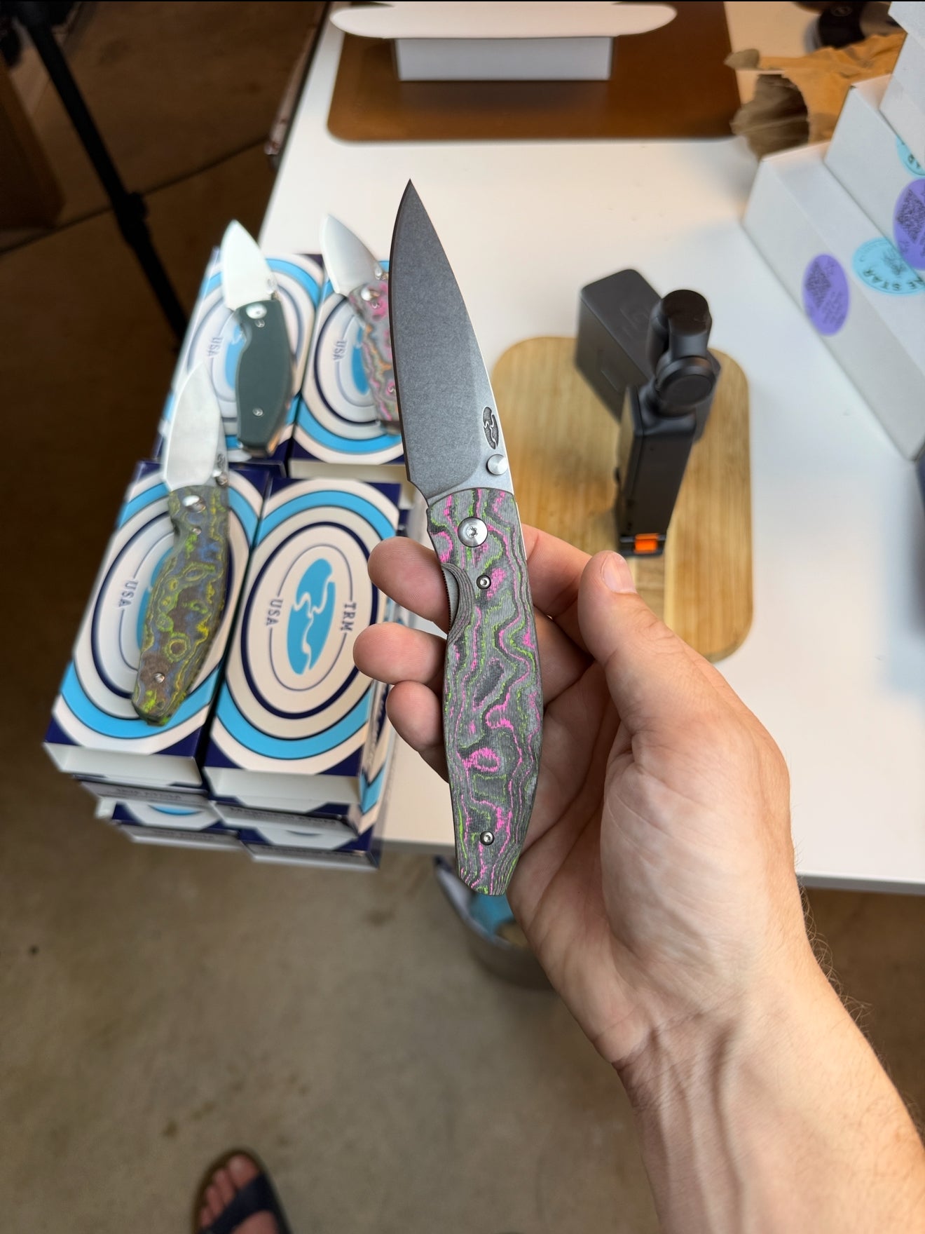 TRM Atom Linerlock Knife – Watermelon Sugar Camo Carbon 3D Contoured Smooth, CPM MagnaCut Blade – Made in USA