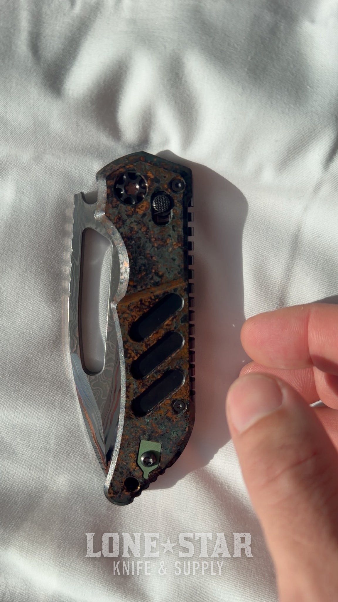 Heretic Koschei Custom Folding Knife - Slotted Copper Chemtina, Baker Forge Stainless Gomai Damascus - Made in USA (OPENHOUSE-KOSCHEI)