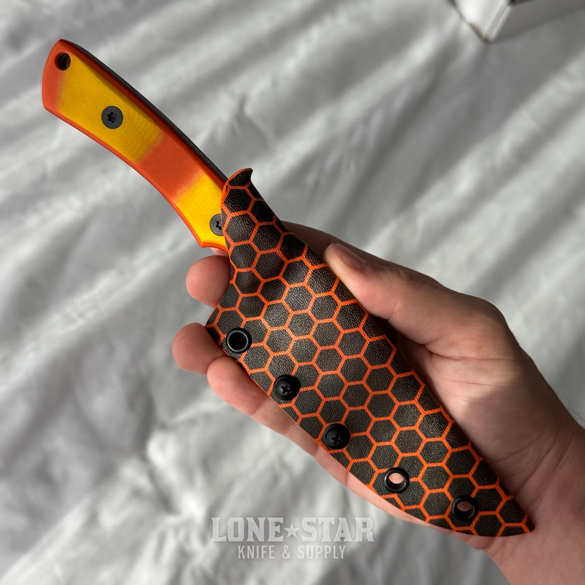Shady Grady EDC Drifter Fixed Blade - O1 Darkened Stonewash, Orange and Yellow G10, Honeycomb Kydex Sheath - Made in USA (SG-DRIFTER-O1-ORGYELG10)
