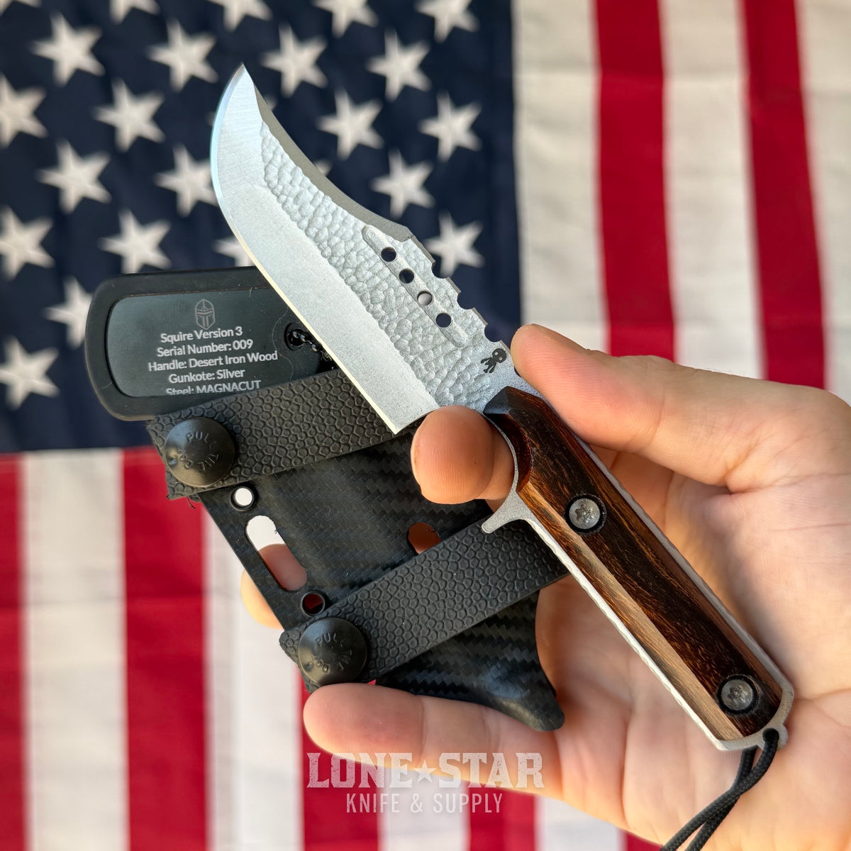 Severed Metal Works Squire V3 3.3" Fixed Blade, MagnaCut, Desert Ironwood, Silver Gunkote, Serial 009 - Made in USA (SMW-SQUIREV3-009)