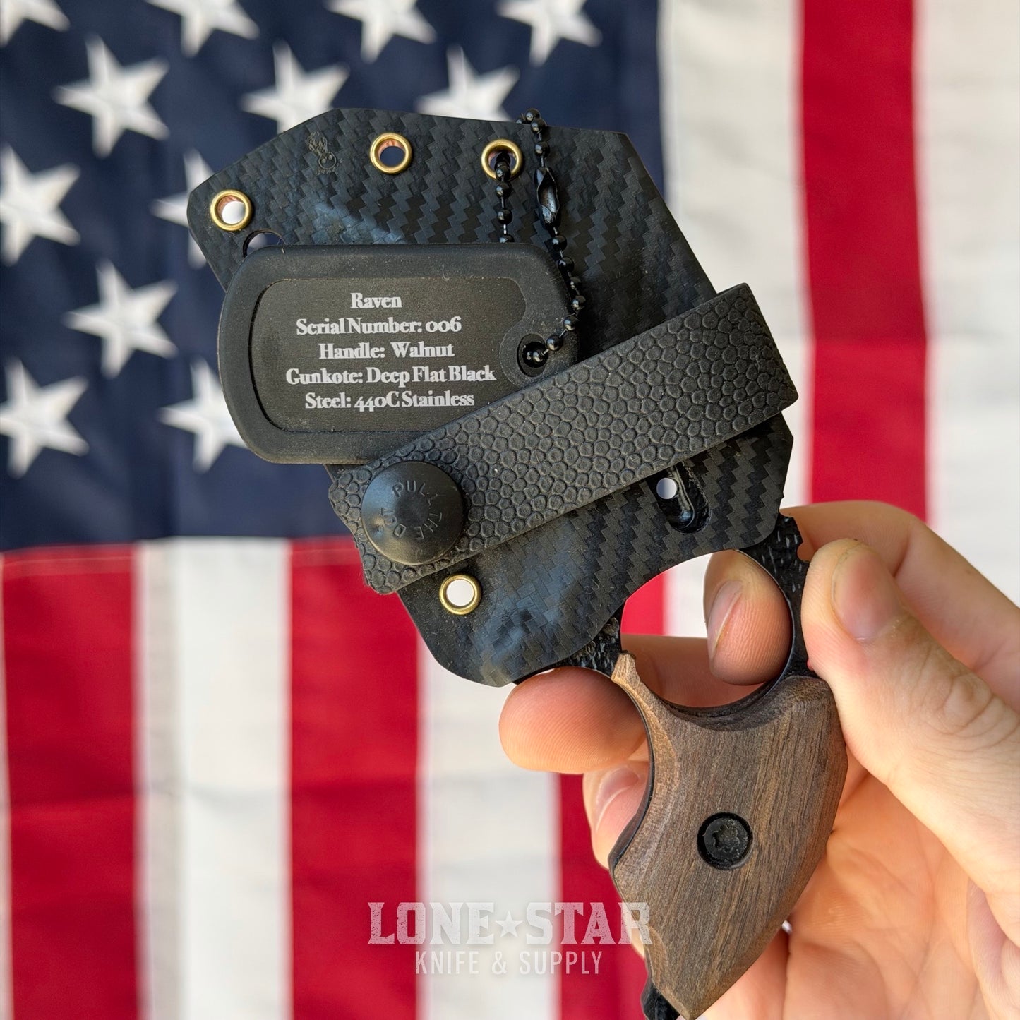 Severed Metal Works Raven Karambit 2.5" 440C, Walnut, Deep Flat Black Gunkote, Serial 006 - Made in USA (SMW-RAVEN-006)