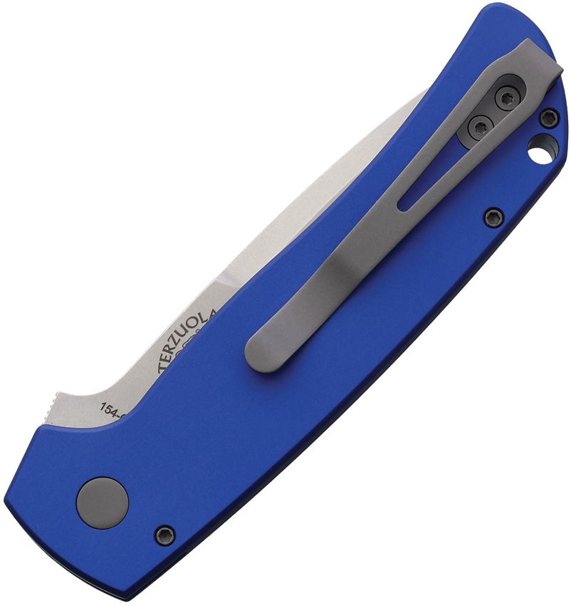 Bob Terzuola ATCF AUTO Folding Knife 3.5" 154CM Stonewashed Drop Point Blade, Blue Aluminum Handles - BT2601-BLUE