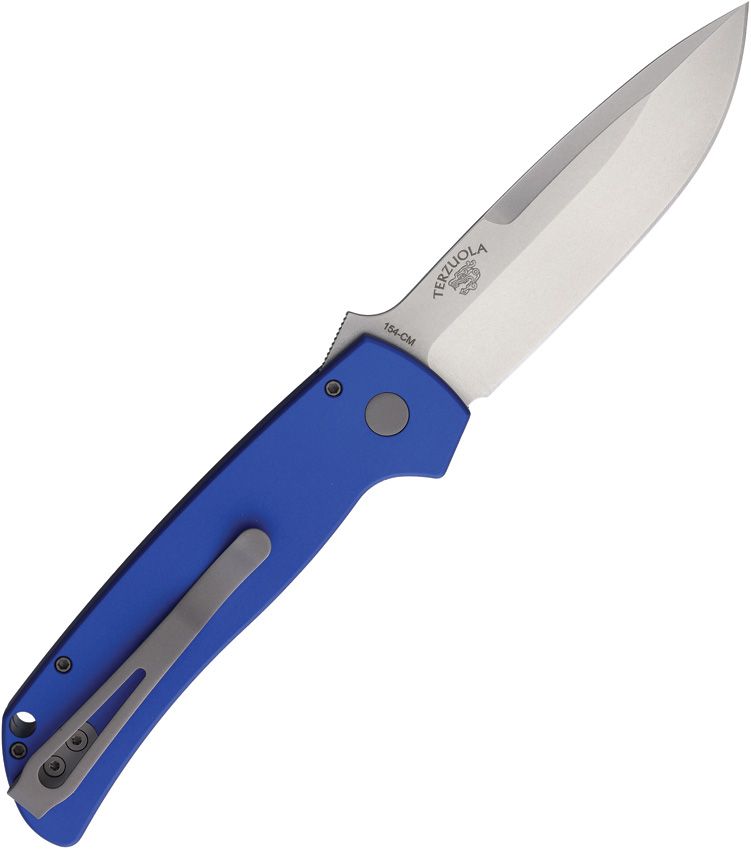 Bob Terzuola ATCF AUTO Folding Knife 3.5" 154CM Stonewashed Drop Point Blade, Blue Aluminum Handles - BT2601-BLUE