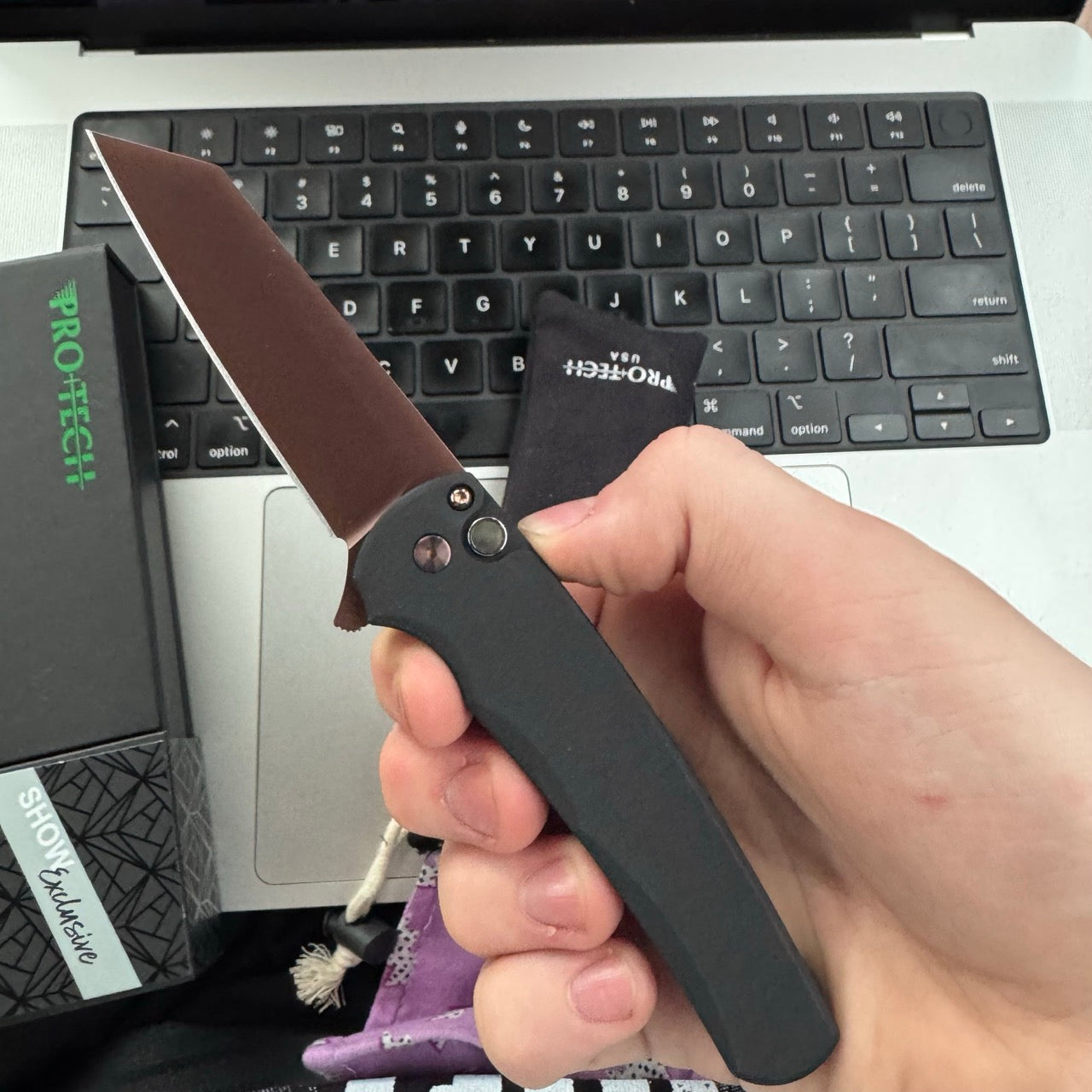 Pro-Tech Malibu 3.25" Button Lock Flipper – Black Handle, Copper Rose PVD MagnaCut Reverse Tanto, Black Pearl Button – Serialized/200 – Made in USA (BSA26.Malibu.1)