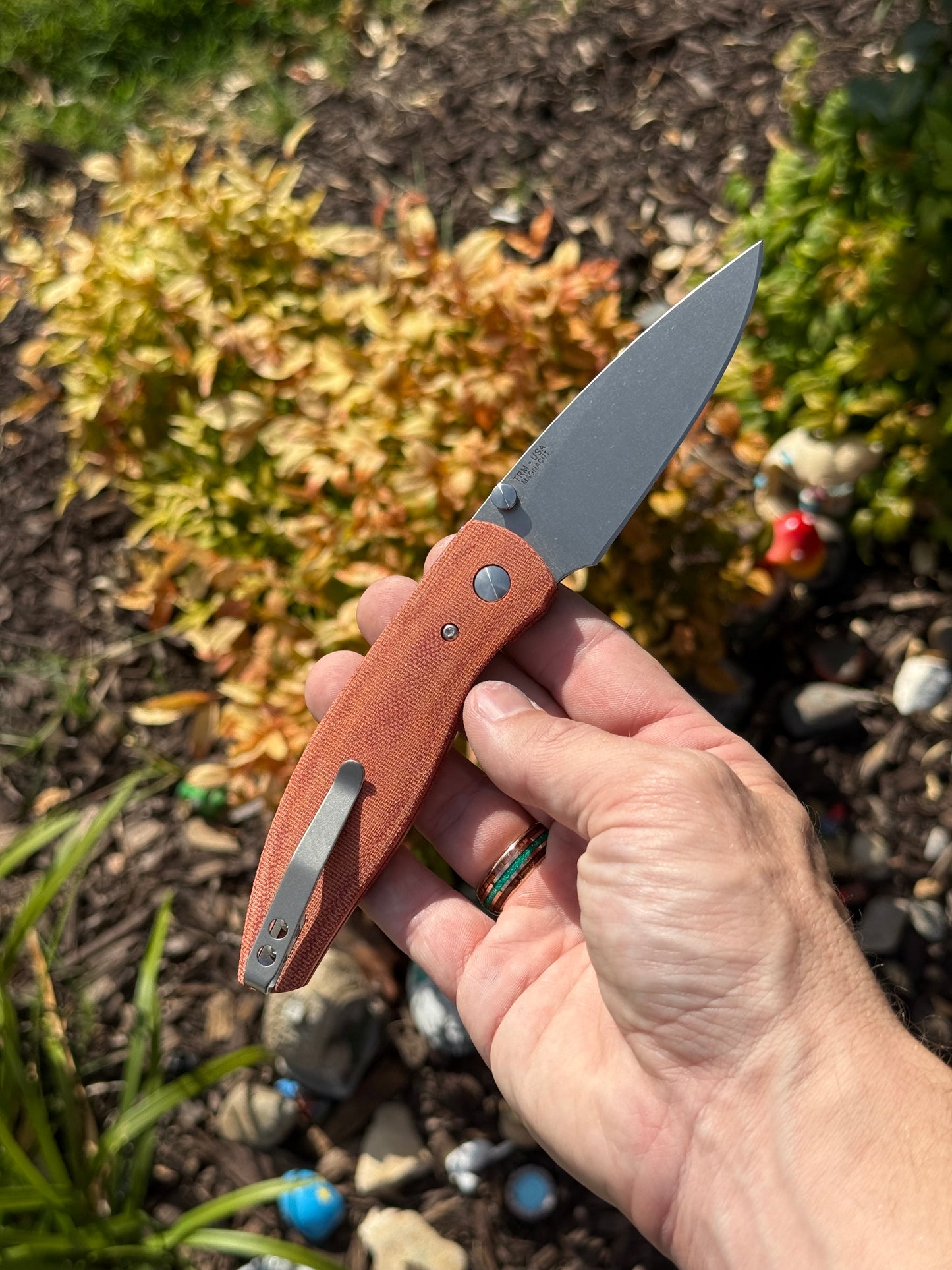 TRM ATOM Linerlock Knife – Autumn Orange Micarta 3D Contoured Scales, MagnaCut Blade – Made in USA