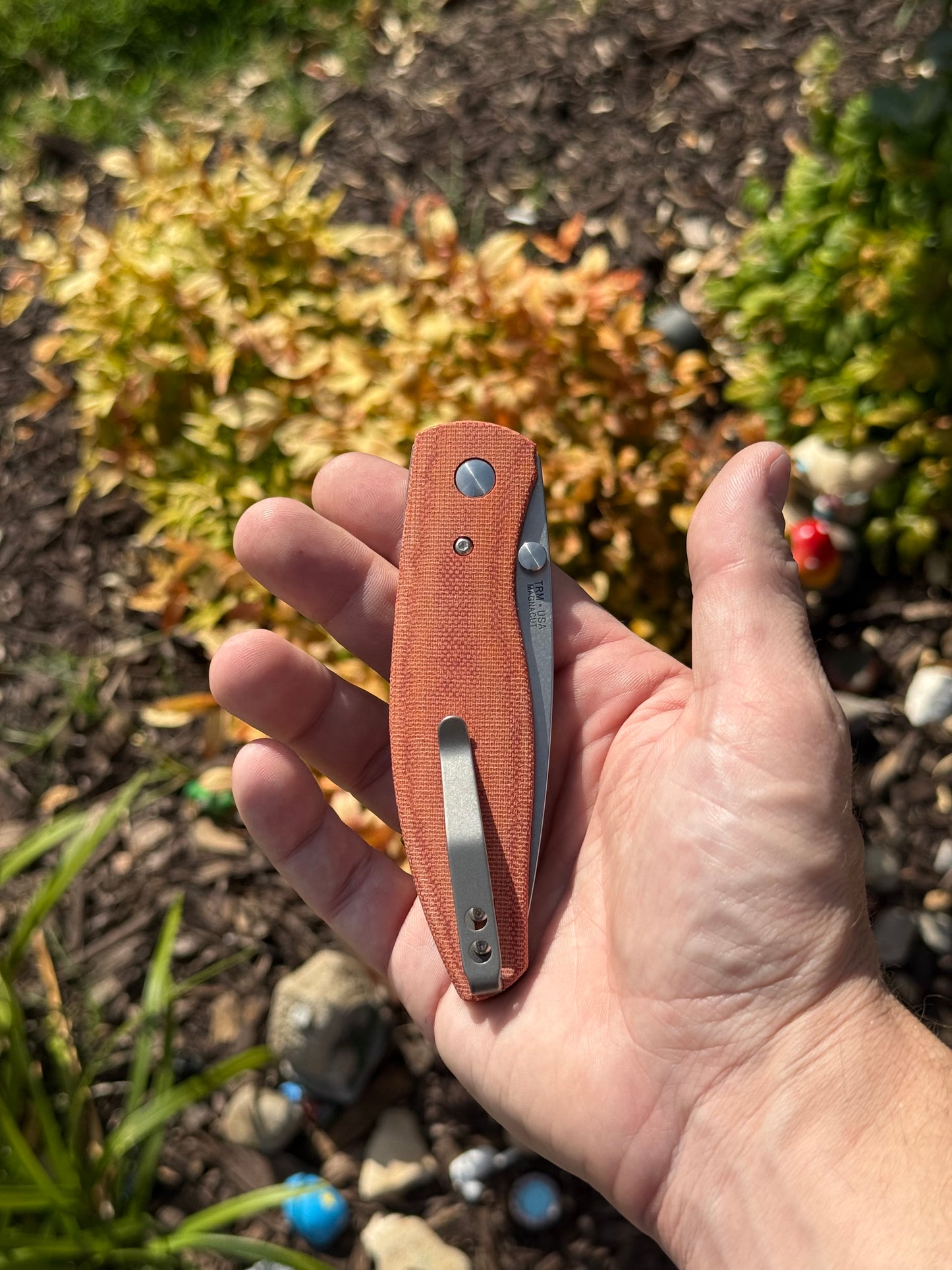 TRM ATOM Linerlock Knife – Autumn Orange Micarta 3D Contoured Scales, MagnaCut Blade – Made in USA