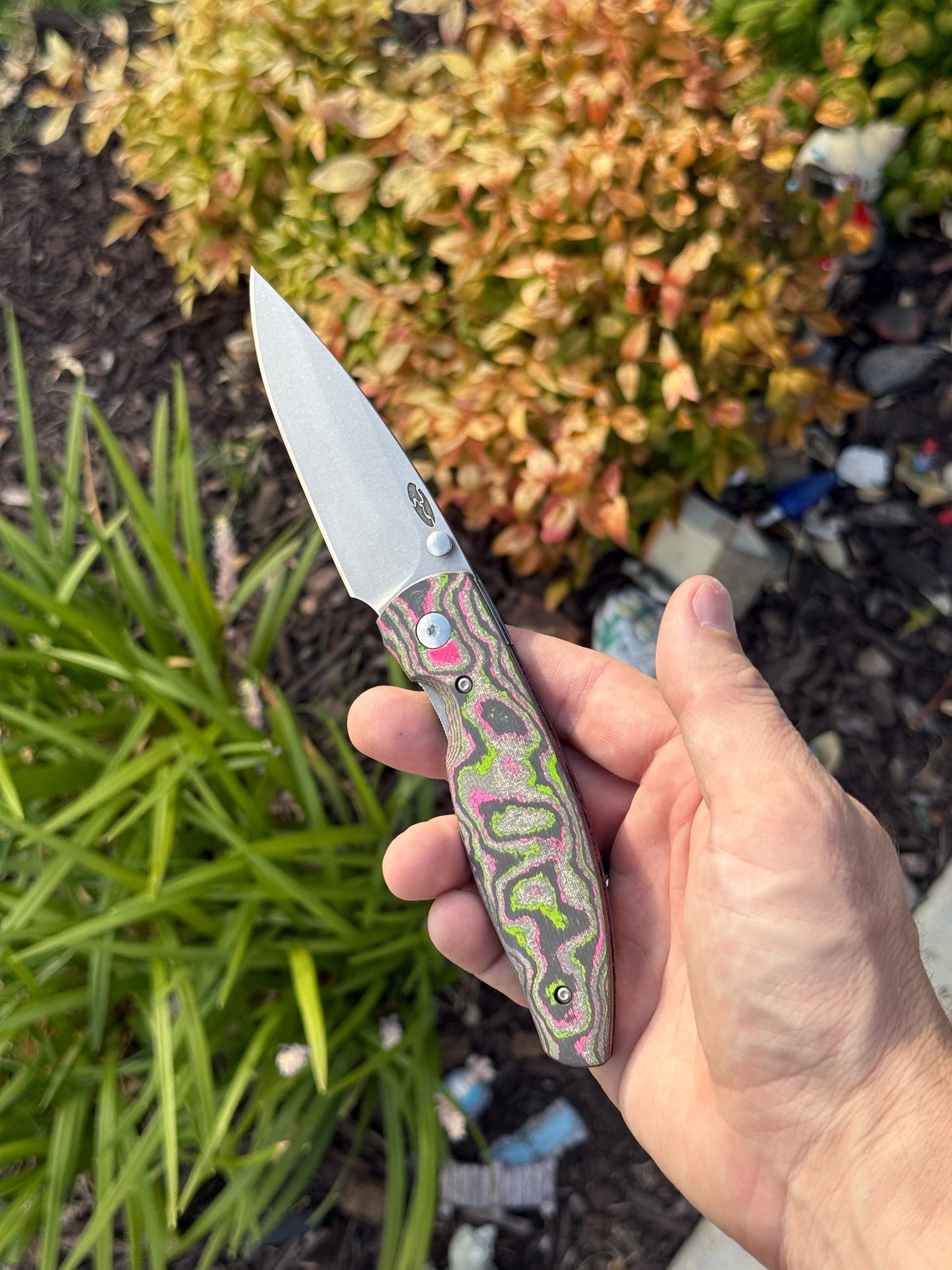 TRM Atom Linerlock Knife – Watermelon Sugar Camo Carbon 3D Contoured Smooth, CPM MagnaCut Blade – Made in USA