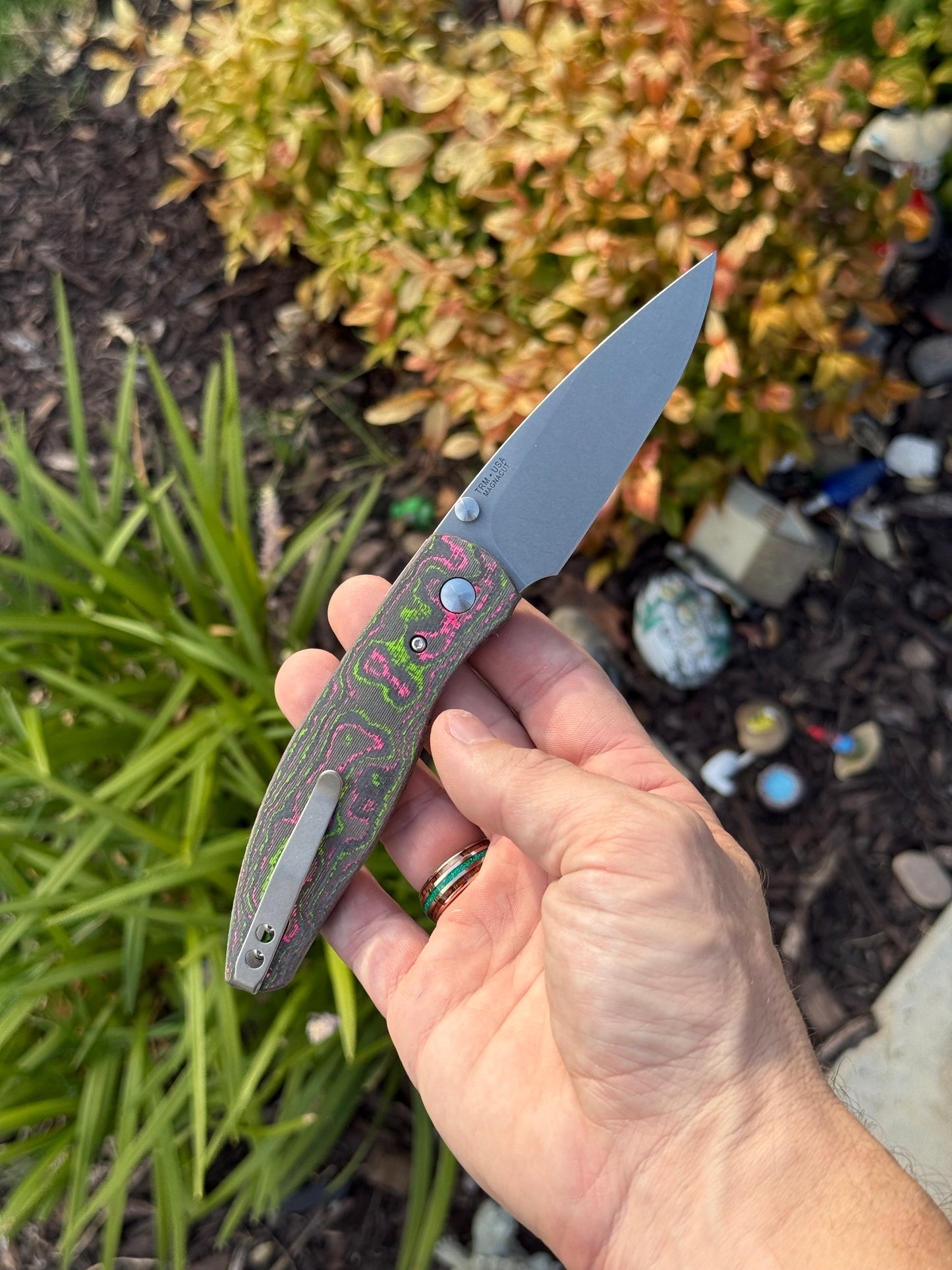 TRM Atom Linerlock Knife – Watermelon Sugar Camo Carbon 3D Contoured Smooth, CPM MagnaCut Blade – Made in USA