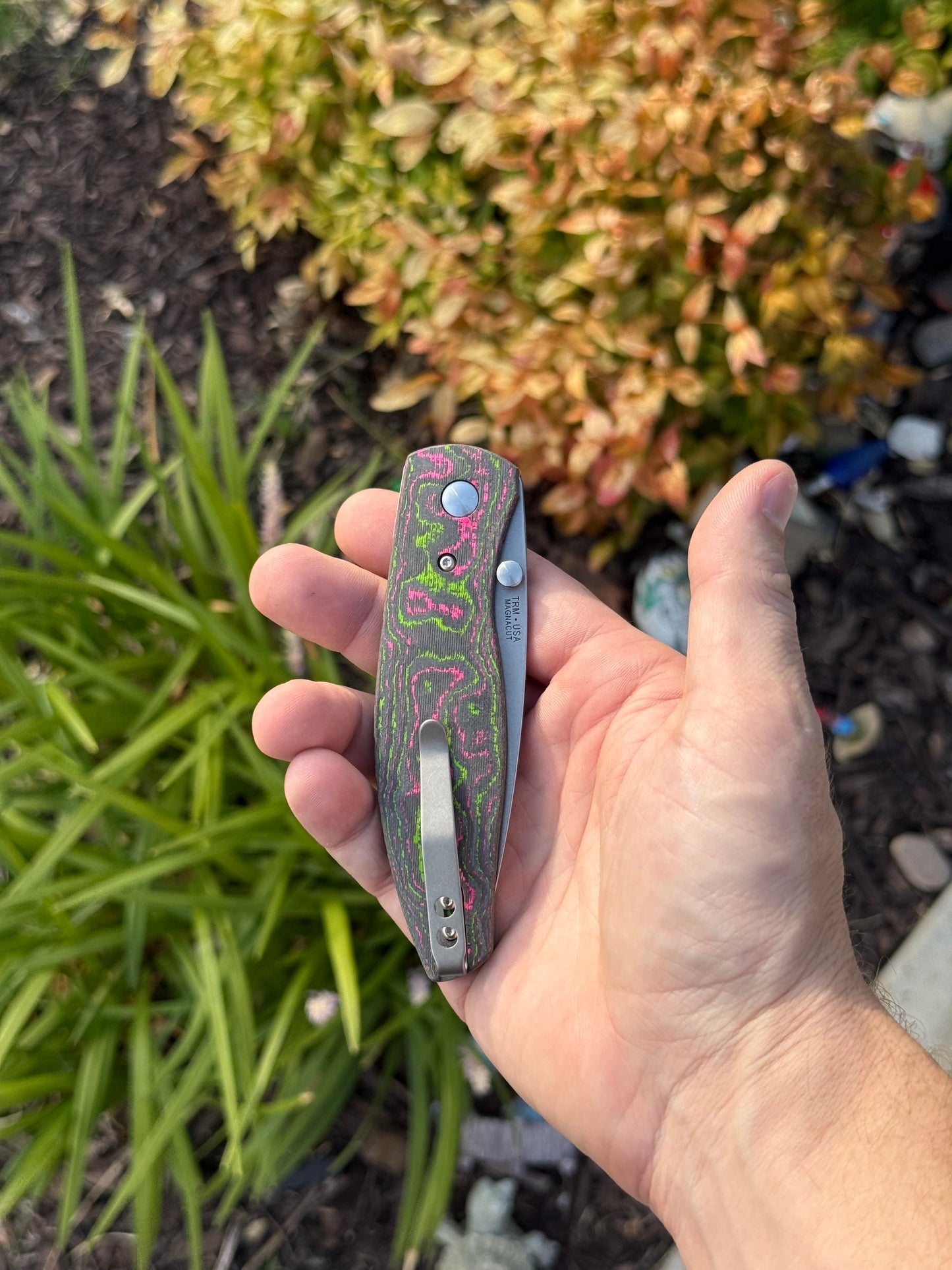 TRM Atom Linerlock Knife – Watermelon Sugar Camo Carbon 3D Contoured Smooth, CPM MagnaCut Blade – Made in USA