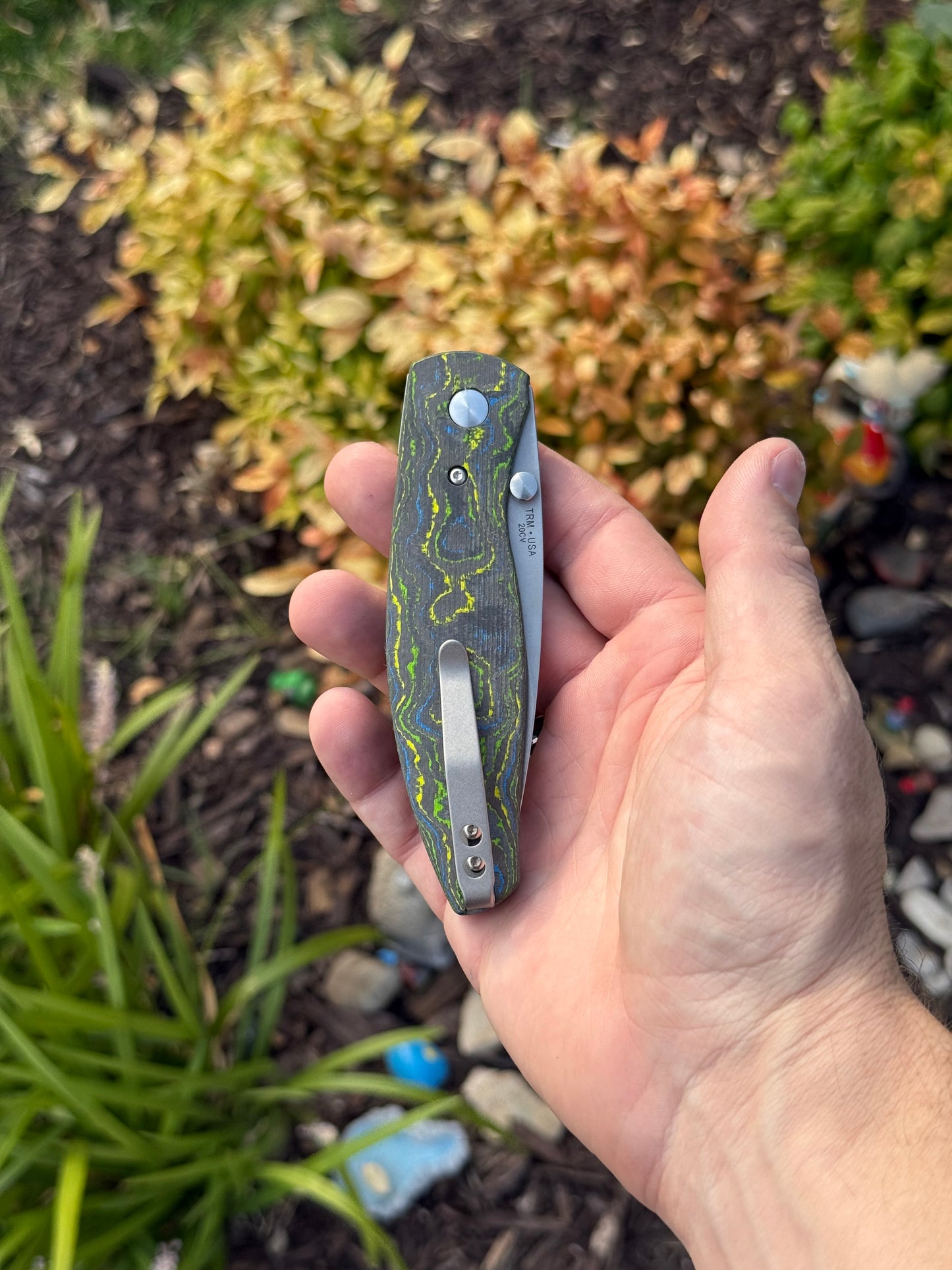 TRM Atom Linerlock – Gecko Camo Carbon 3D Smooth, Custom Hollow‑Ground 20CV Blade – Made in USA