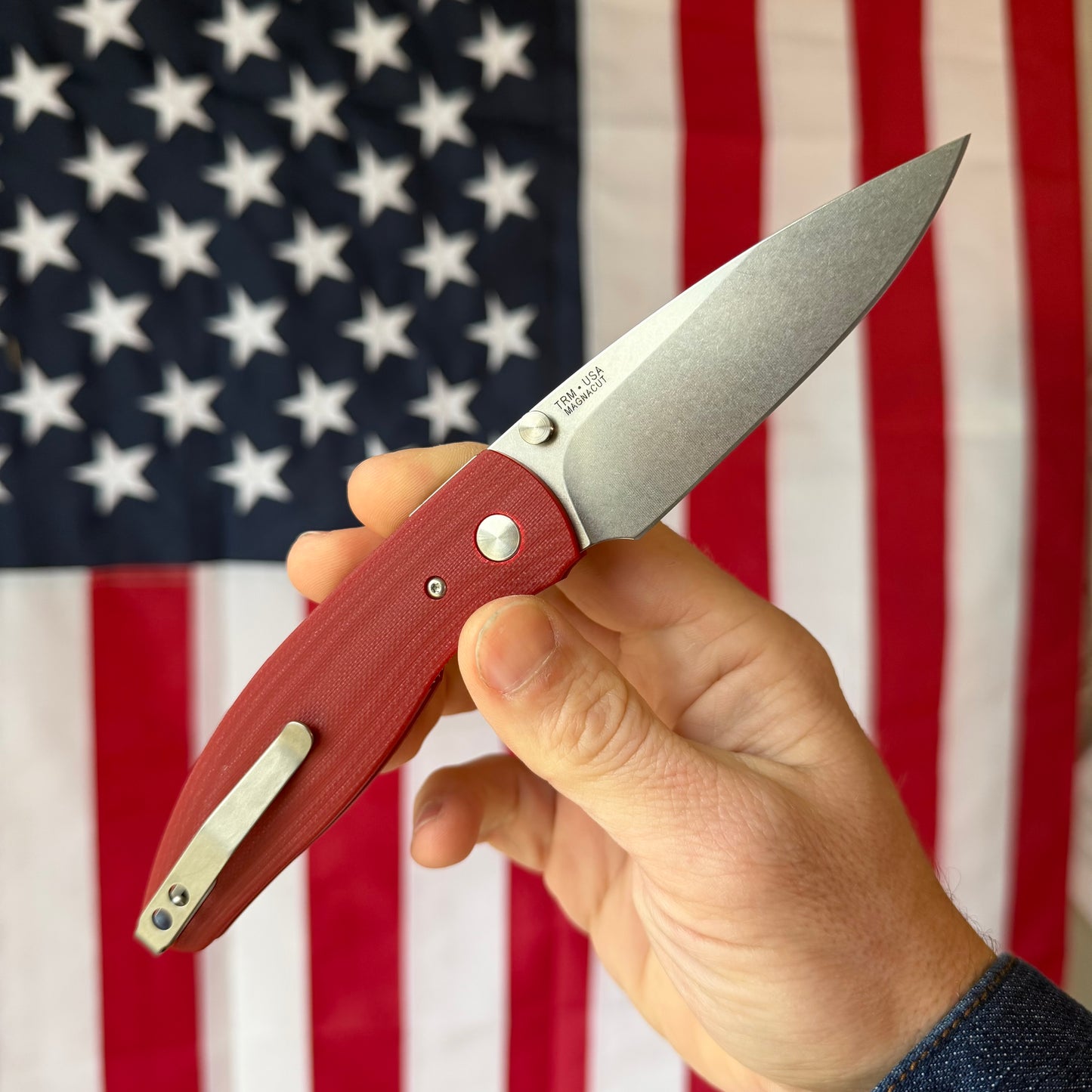 The Back Door: TRM ATOM LL - Ruby Red G10 3D Contoured Smooth, MagnaCut Blade (Blemish)