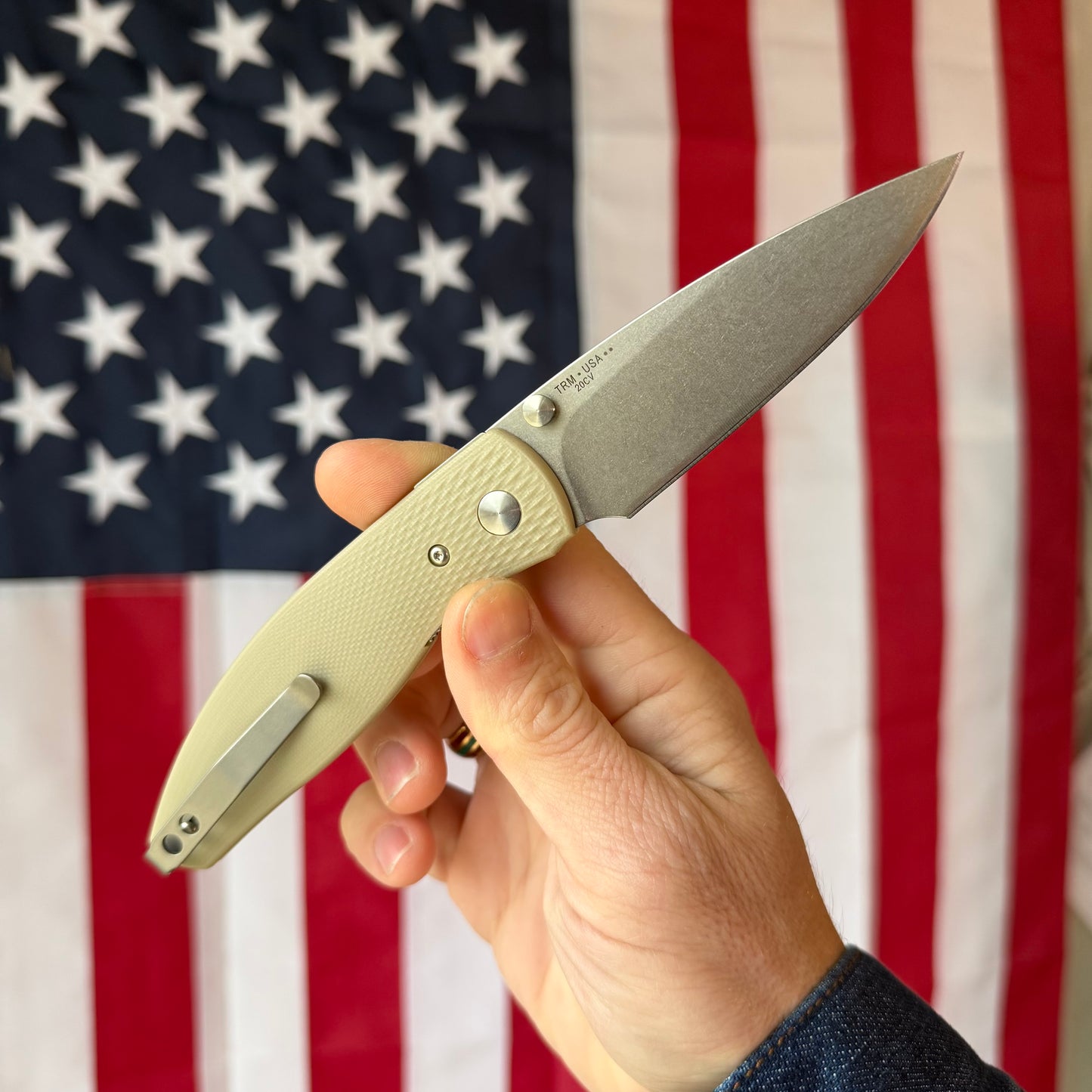 The Back Door: TRM ATOM LL - Desert Tan G10 3D Contoured Lizard Skin, MagnaCut Blade (Blemish)