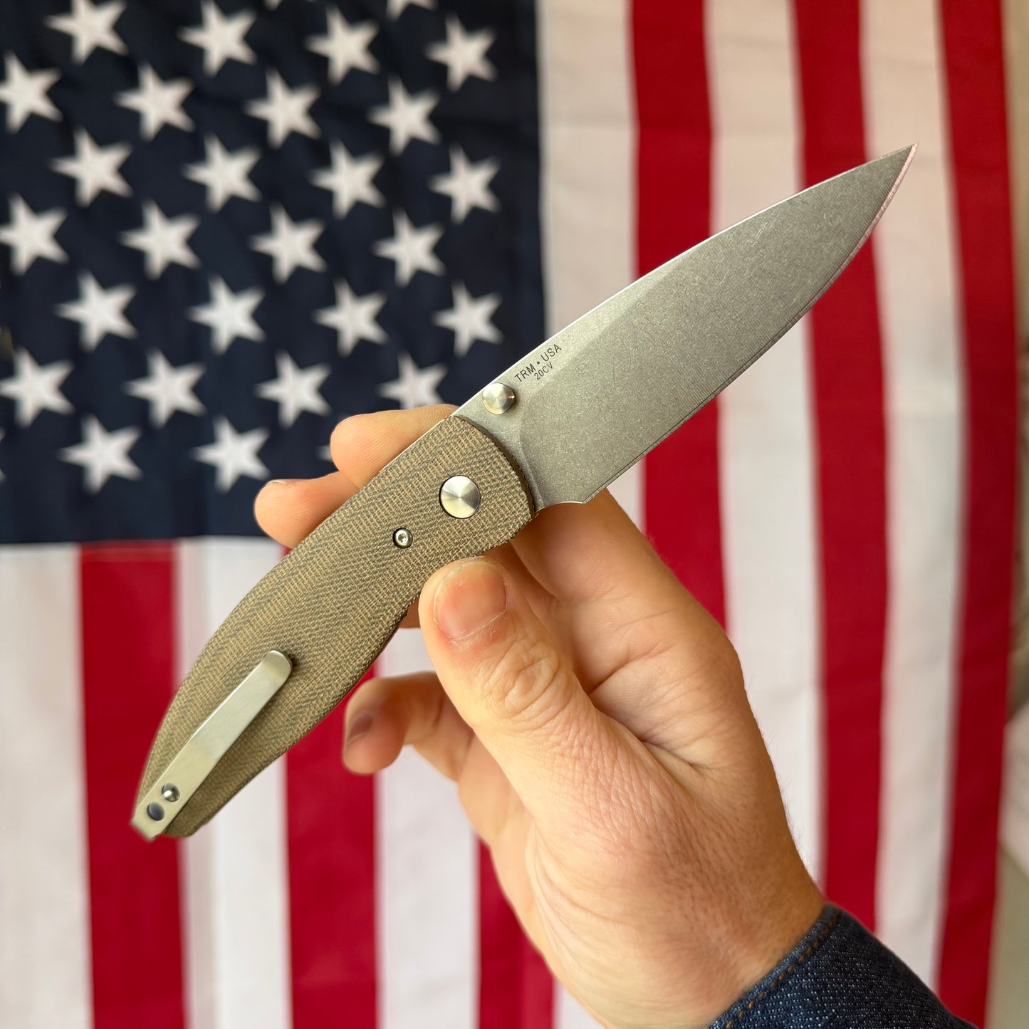 The Back Door: TRM ATOM LL - OD Green Micarta 3D Contoured Smooth, MagnaCut Blade (Blemish)