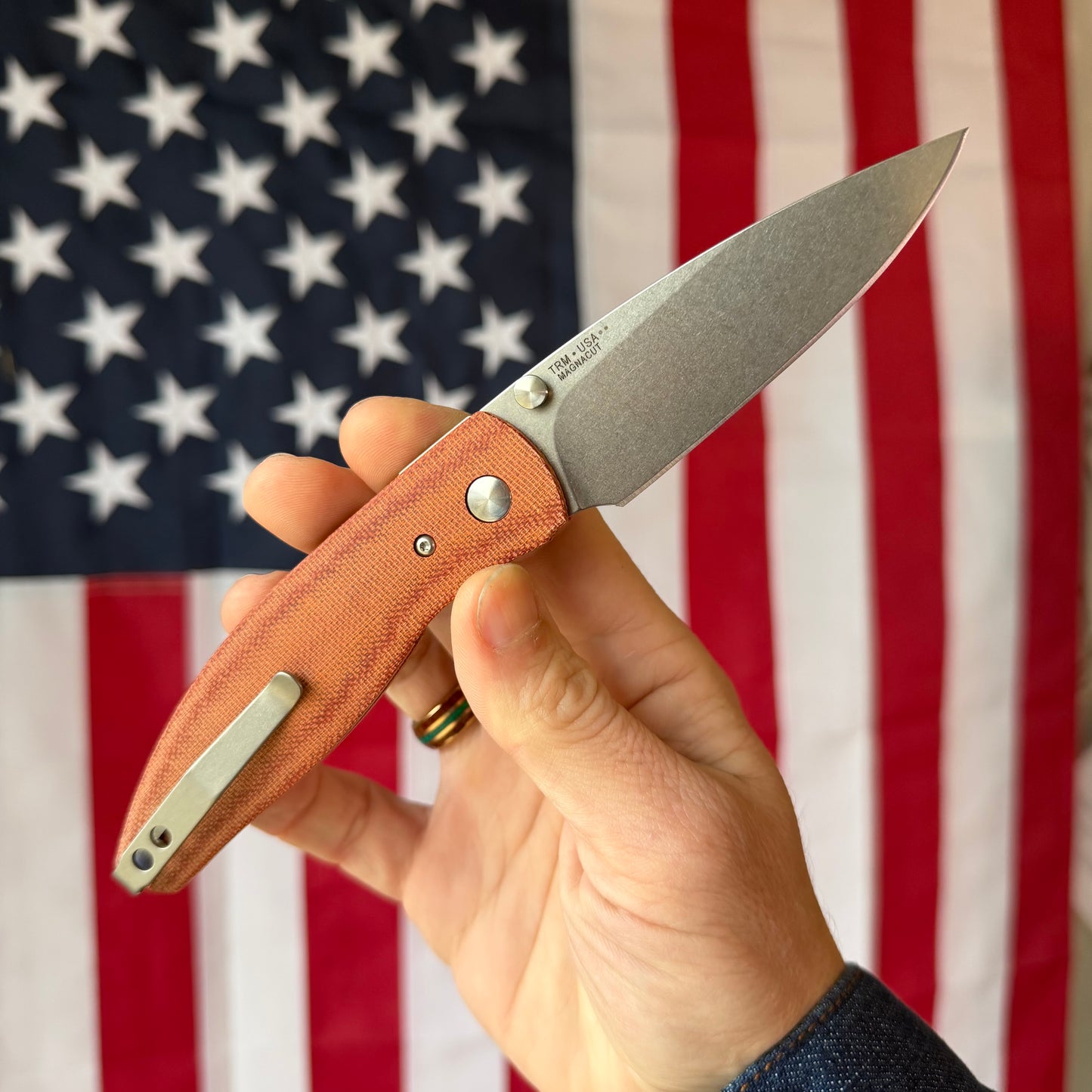 The Back Door: TRM ATOM LL - Autumn Orange Micarta 3D Contoured Smooth, MagnaCut Blade (Blemish)