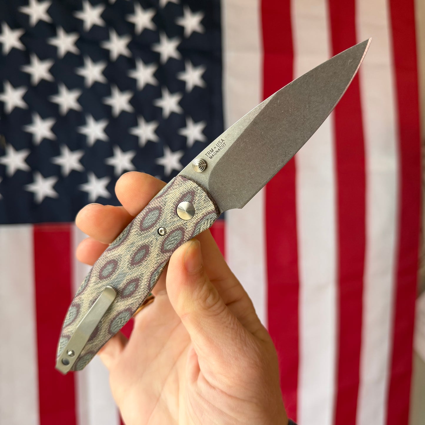 The Back Door: TRM ATOM LL - Python Micarta 3D Contoured Smooth, Mike IRIE 20CV Blade (Blemish)