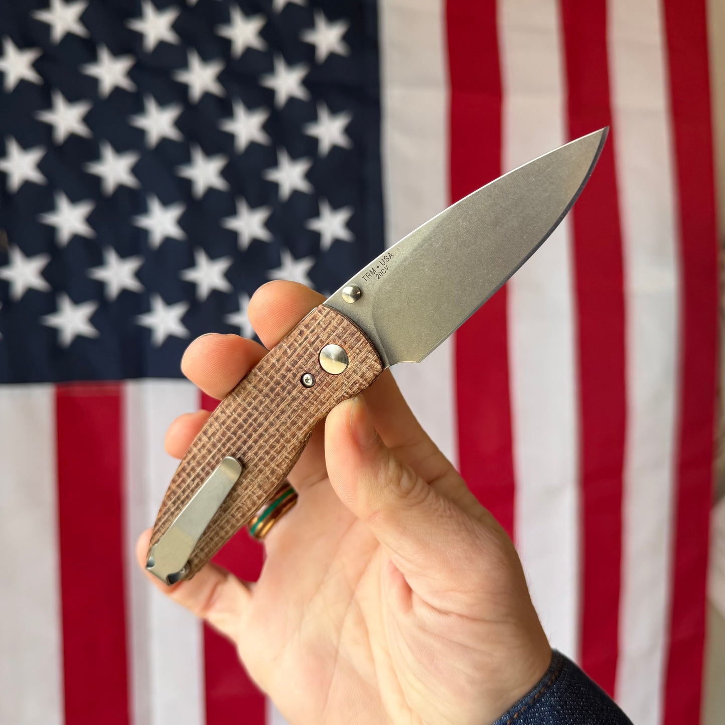 The Back Door: TRM Neutron 2 LL - Burlap Micarta 3D Contoured, 20CV Blade (Blemish)