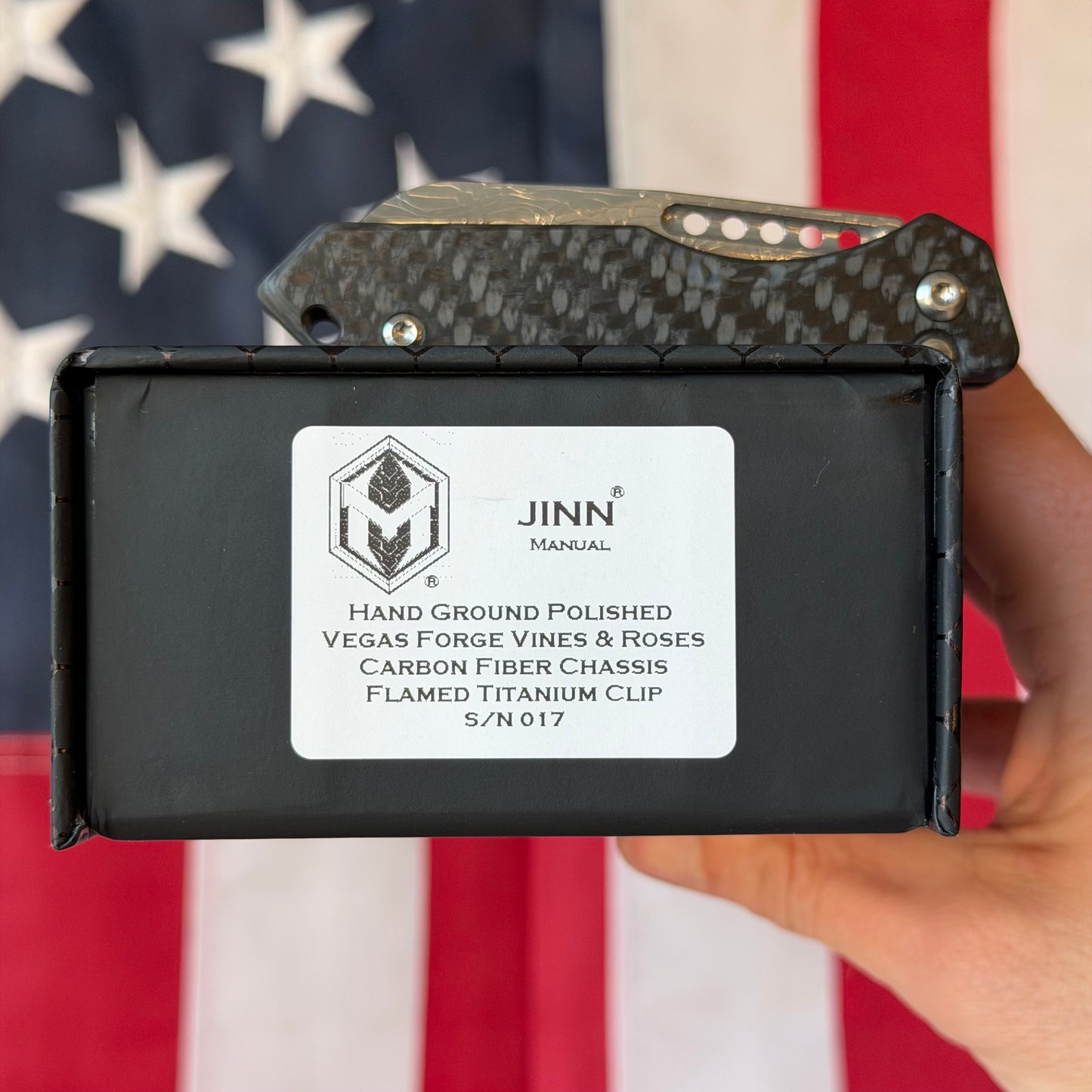 Heretic Knives Jinn Manual Knife – Carbon Fiber Chassis, Vegas Forge Vines & Roses Damascus, Hand Ground Polished Blade, Flamed Titanium Clip – Serialized – Made in USA (S/N 017)