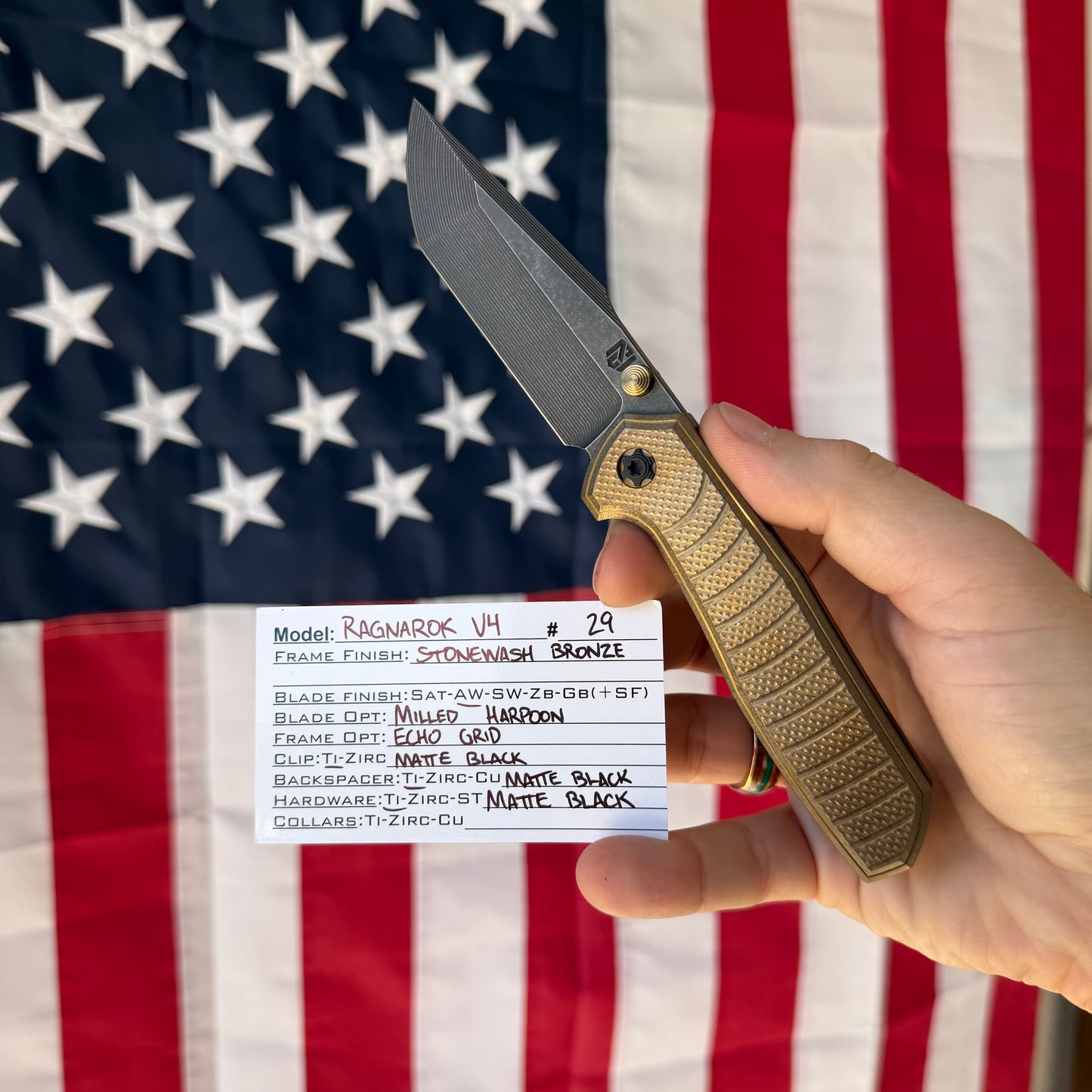 NCC Ragnarok V4 3.2" Knife – Stonewash Bronze Titanium, S45VN, Frame Lock – Made in USA (RAGNAROK-V4-29)