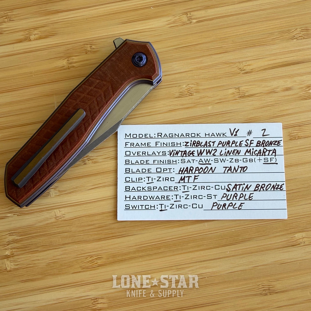 NCC Ragnahawk V1 - Harpoon Tanto, Zirblast Purple and Satin Bronze Frame, Vintage WW2 Linen Micarta, Hawk Lock - Made in USA (S/N 02)