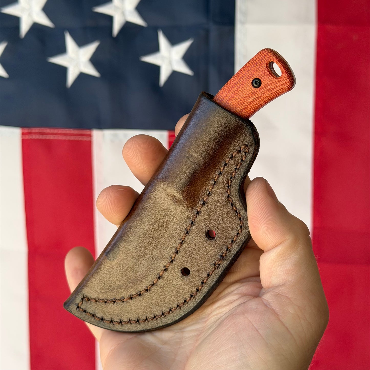 TRM TAGALONG Fixed Blade Knife – 2.44” MagnaCut Blade, Stonewashed Finish, Autumn Orange Micarta Scales, Leather Sheath – Made in USA