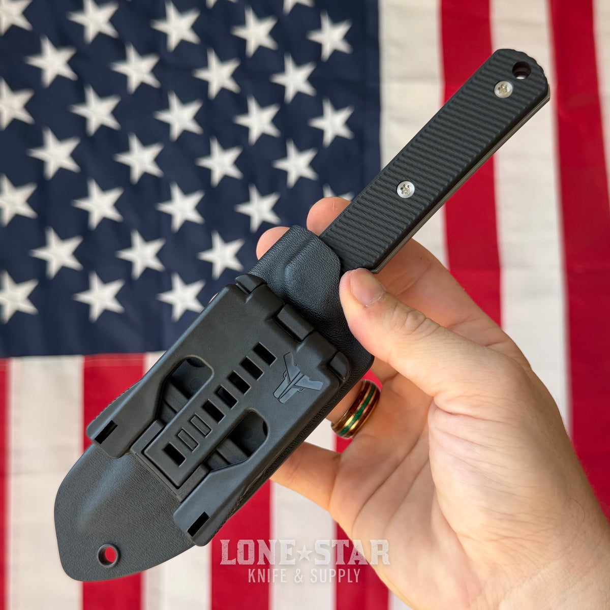 McNees Stalker Fixed Blade - 4" CPM S90V Modified Clip Point, Stonewash, Black G10, Kydex with Tek-Lok - Made in USA (2598)
