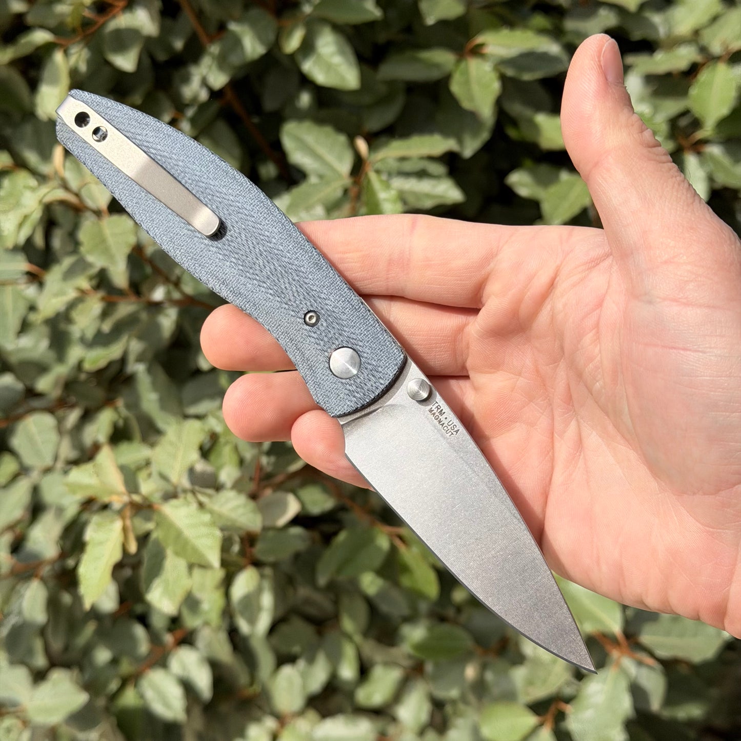 TRM ATOM Knife – 3.5” MagnaCut Blade, 3D Contoured Blue Denim Micarta Smooth Scales, Liner Lock – Made in USA