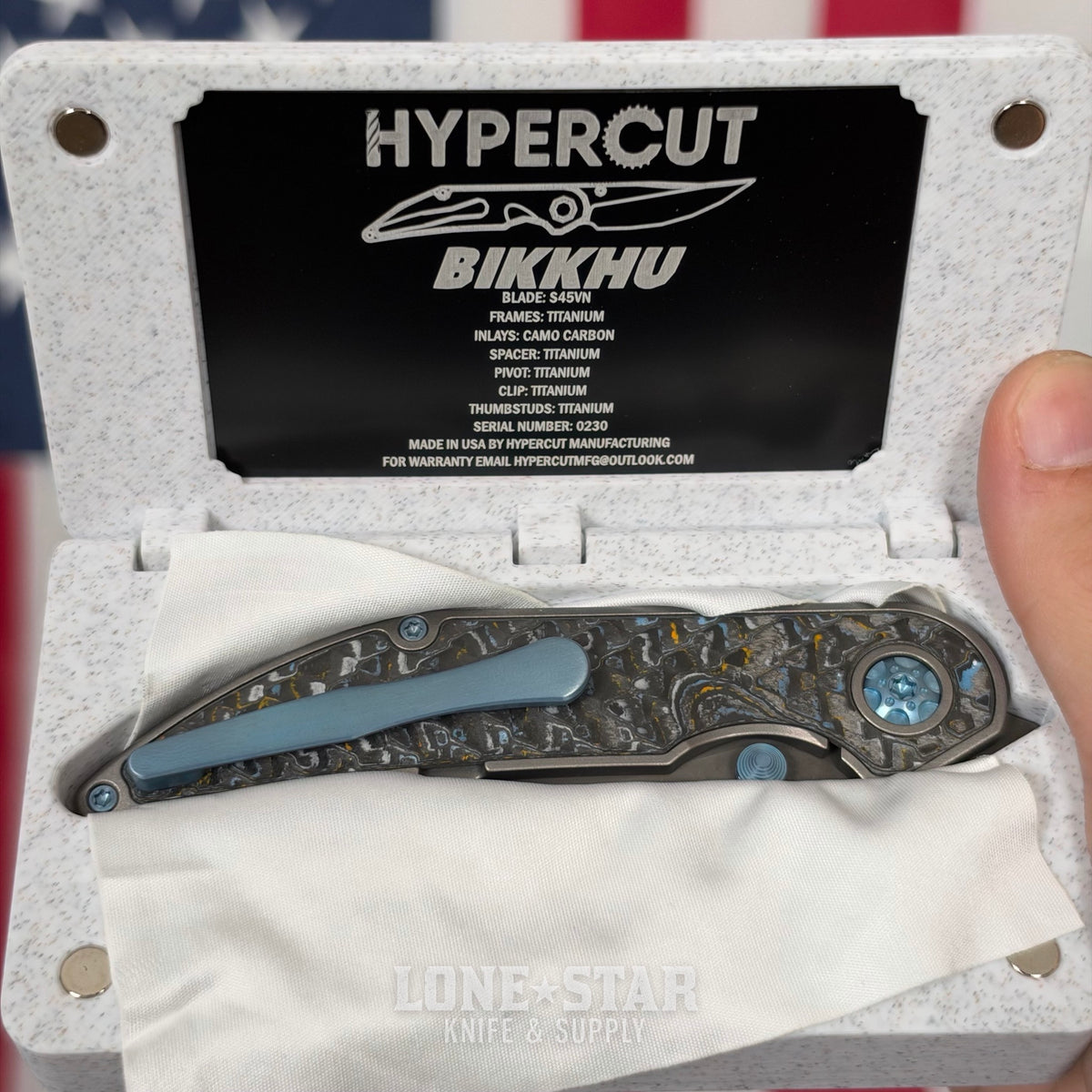 Hypercut MFG Bikkhu, CPM-S45VN Flipper, Titanium Frame, Camo Carbon Inlays, Blue Hardware, Serial 0230 - Made in USA (HC-BIKKHU-0230)