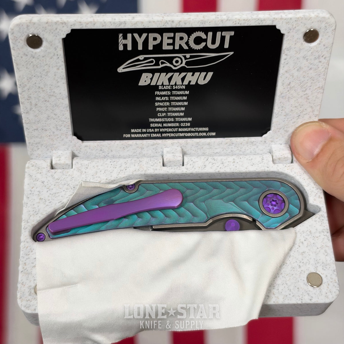 Hypercut MFG Bikkhu, CPM-S45VN Flipper, Teal Anodized Titanium, Chevron Milling, Purple Hardware, Serial 0236 - Made in USA (HC-BIKKHU-0236)