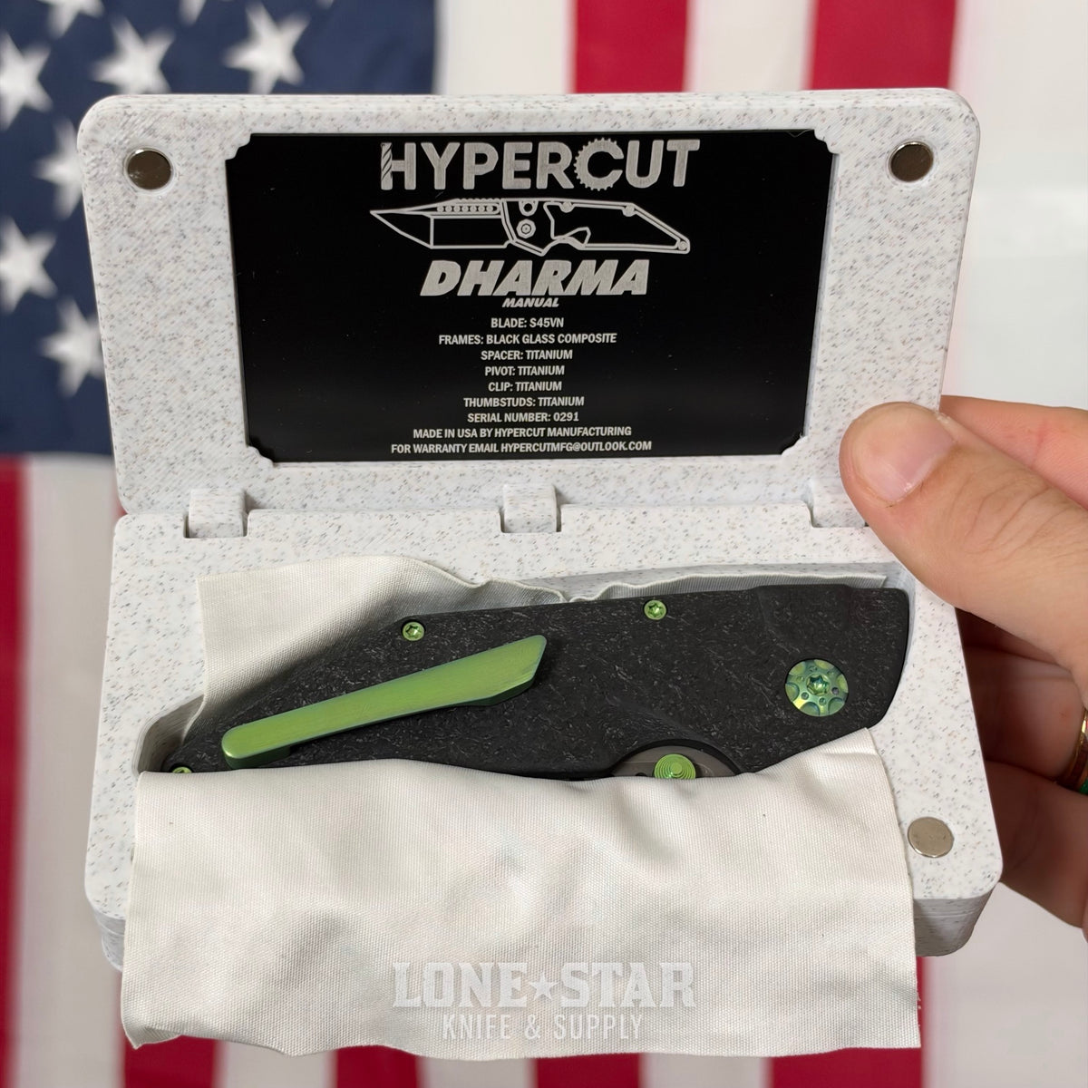 Hypercut MFG Dharma Manual Serial 0291 - 3.2" S45VN Tanto, Black Glass Composite, Green Hardware - Made in USA (HC-DHARMA-MAN-0291)