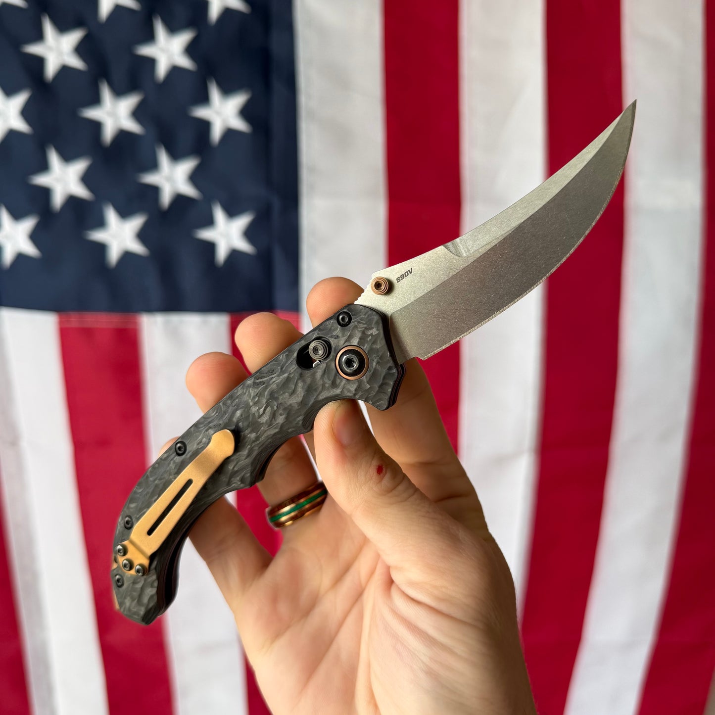 The Back Door: Used – Benchmade Mini Bedlam 865-02 3.45" Scimitar, CPM-S90V Satin, Marbled Carbon Fiber, Copper PVD, AXIS Lock – Made in USA