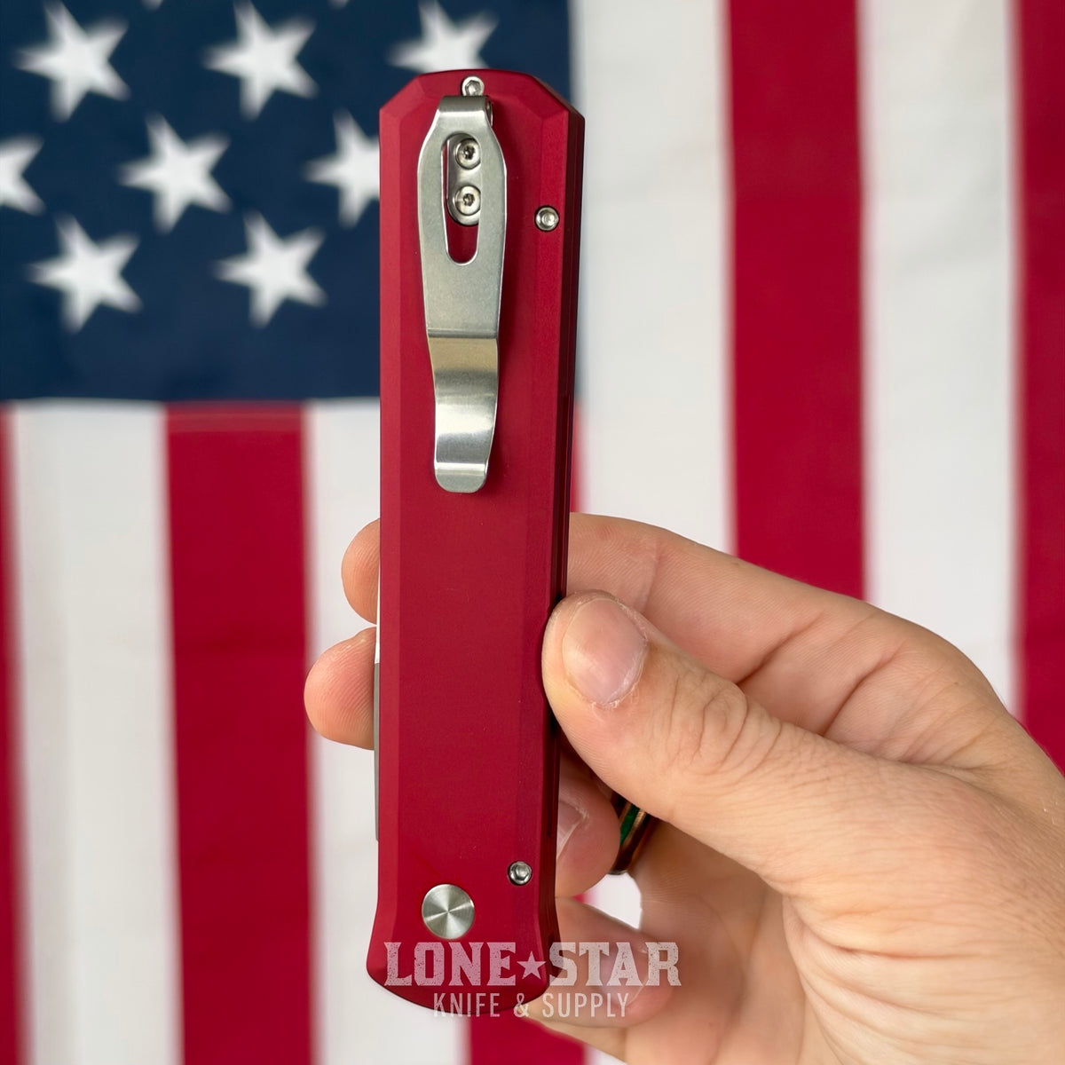 The Back Door: Pro-Tech Godfather 921 MOP Red - 4" Satin 154CM, Red Handle, White Pearl Button - Made in USA (921-MOP RED) (Return)
