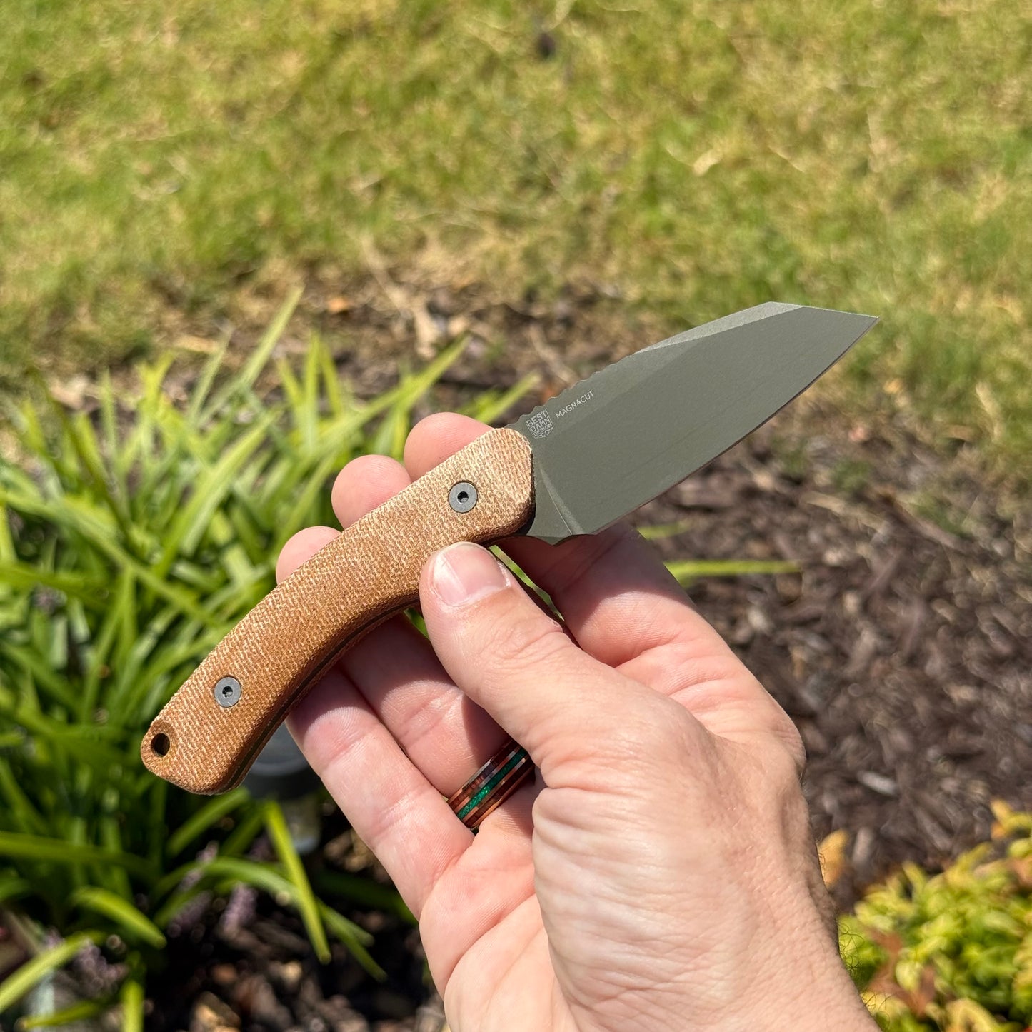 Redhawk Fixed Blade – Green Cerakote MagnaCut Reverse Tanto, 3D Contoured Micarta Handles, Leather Sheath – Made in USA