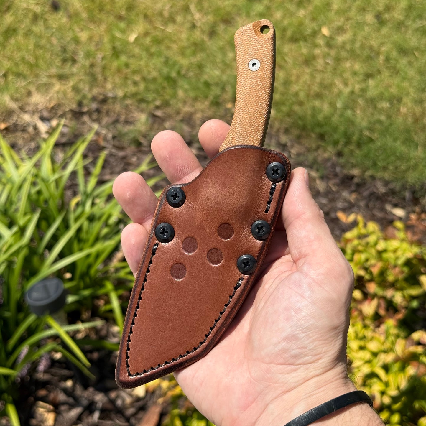 Redhawk Fixed Blade – Green Cerakote MagnaCut Reverse Tanto, 3D Contoured Micarta Handles, Leather Sheath – Made in USA