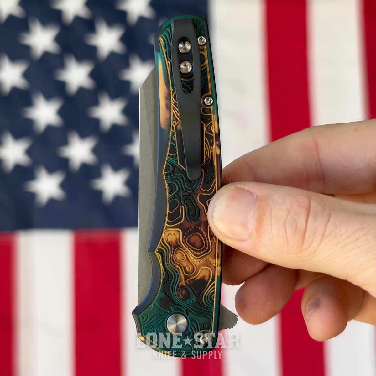 Pro-Tech Malibu Flipper, Shipwreck Anodized Topographic Handle, 3.3" Stonewash MagnaCut Reverse Tanto - Made in USA (5405 TOPO-SHIPWRECK)
