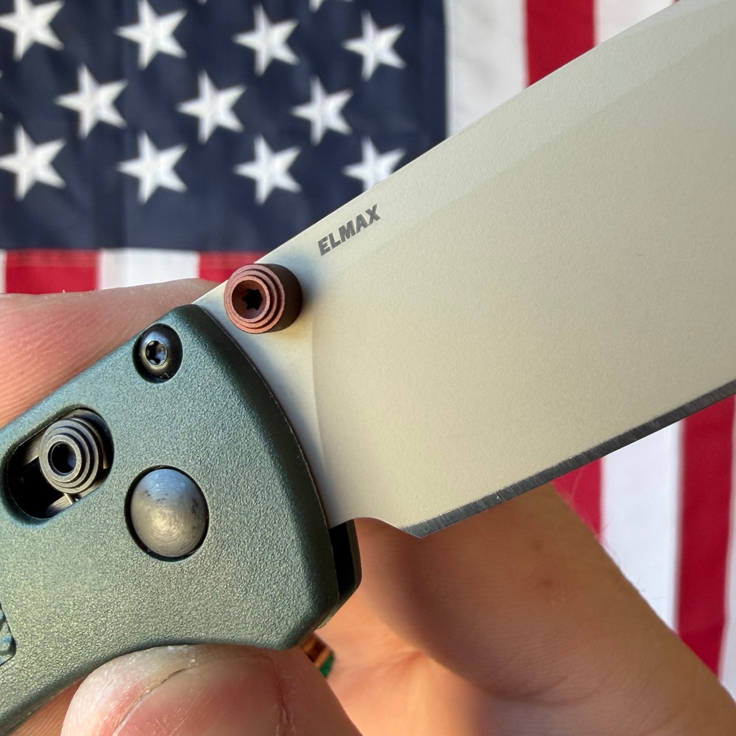 The Back Door: Benchmade Bugout Knife – Taiga Green Grivory Handle, McMillan Tan ELMAX Blade, AXIS Lock – Made in USA (535TN-2601) (Return)