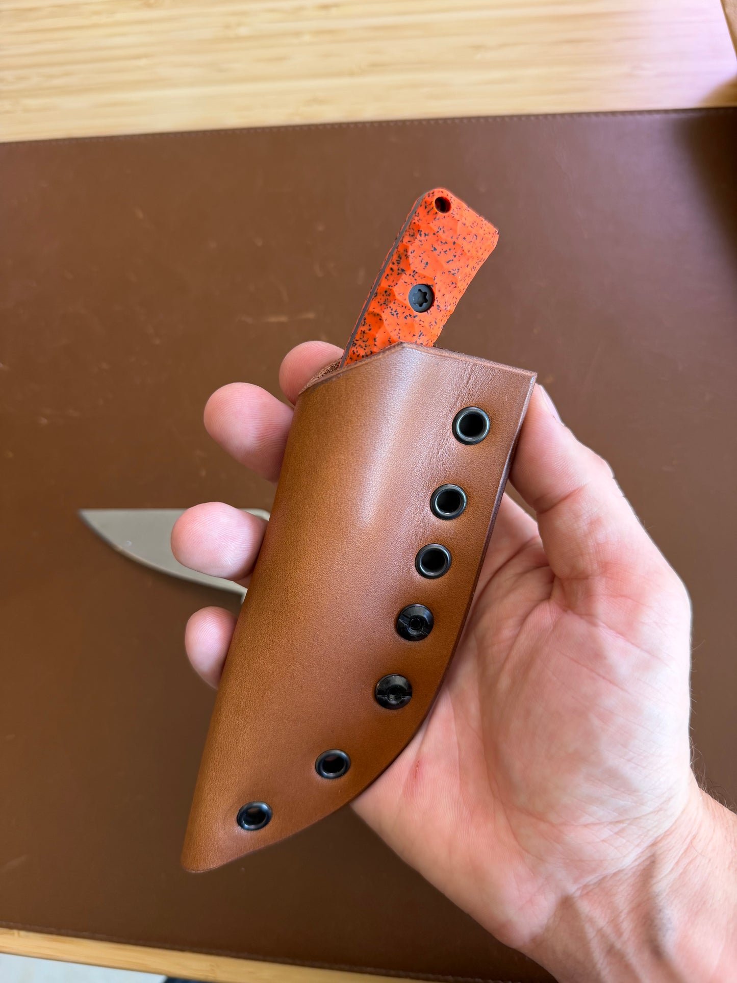 Townsend Knife Co. MC 2.5" Fixed Blade – CPM MagnaCut Acid Washed, Orange GripX, Handmade Leather Sheath – Made in USA