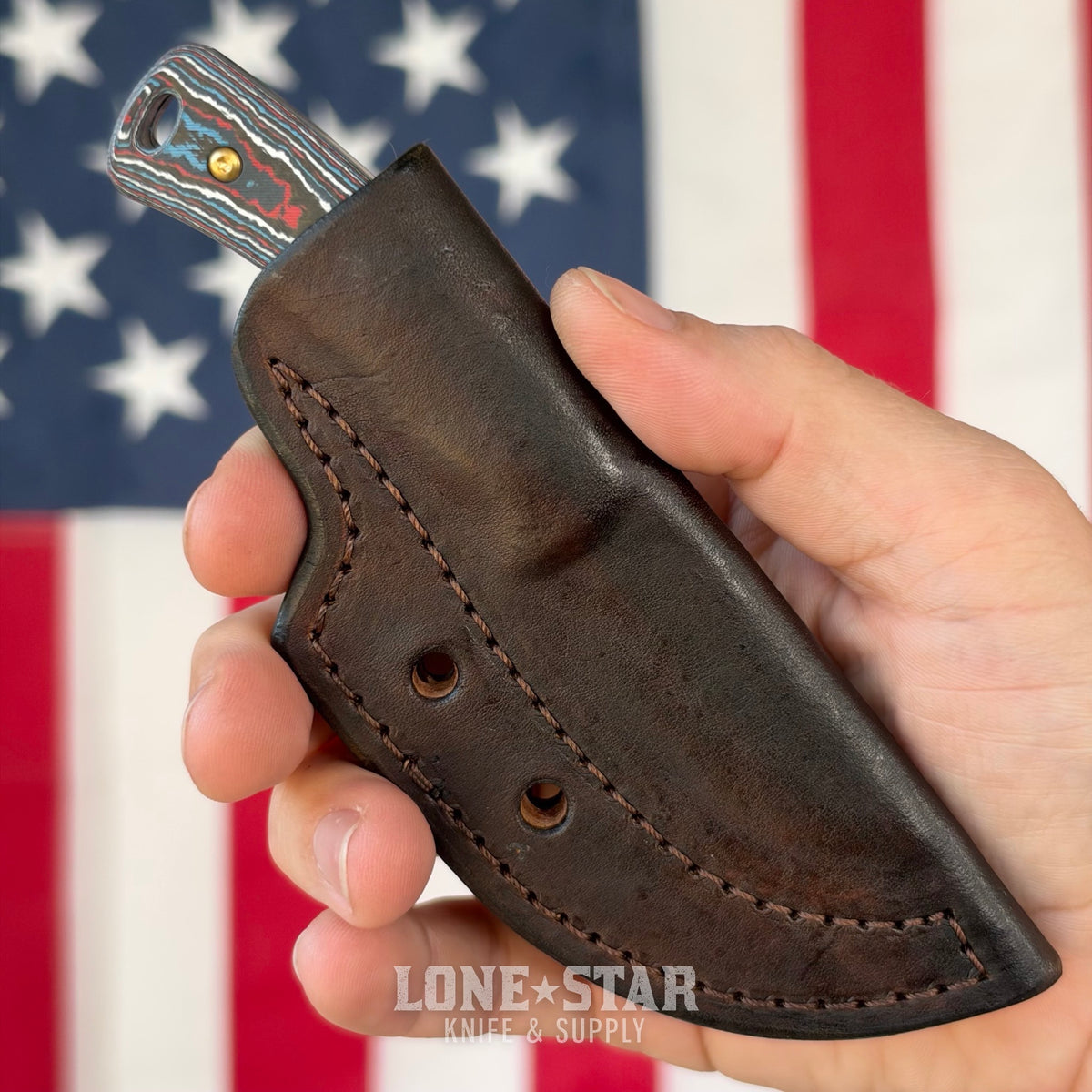 TRM TAGALONG 2.44" Fixed Blade, Star Spangled Camo Carbon, MagnaCut Tumbled, Leather Taco Sheath, Made in USA (DLR-TAG-CC-STARSP)
