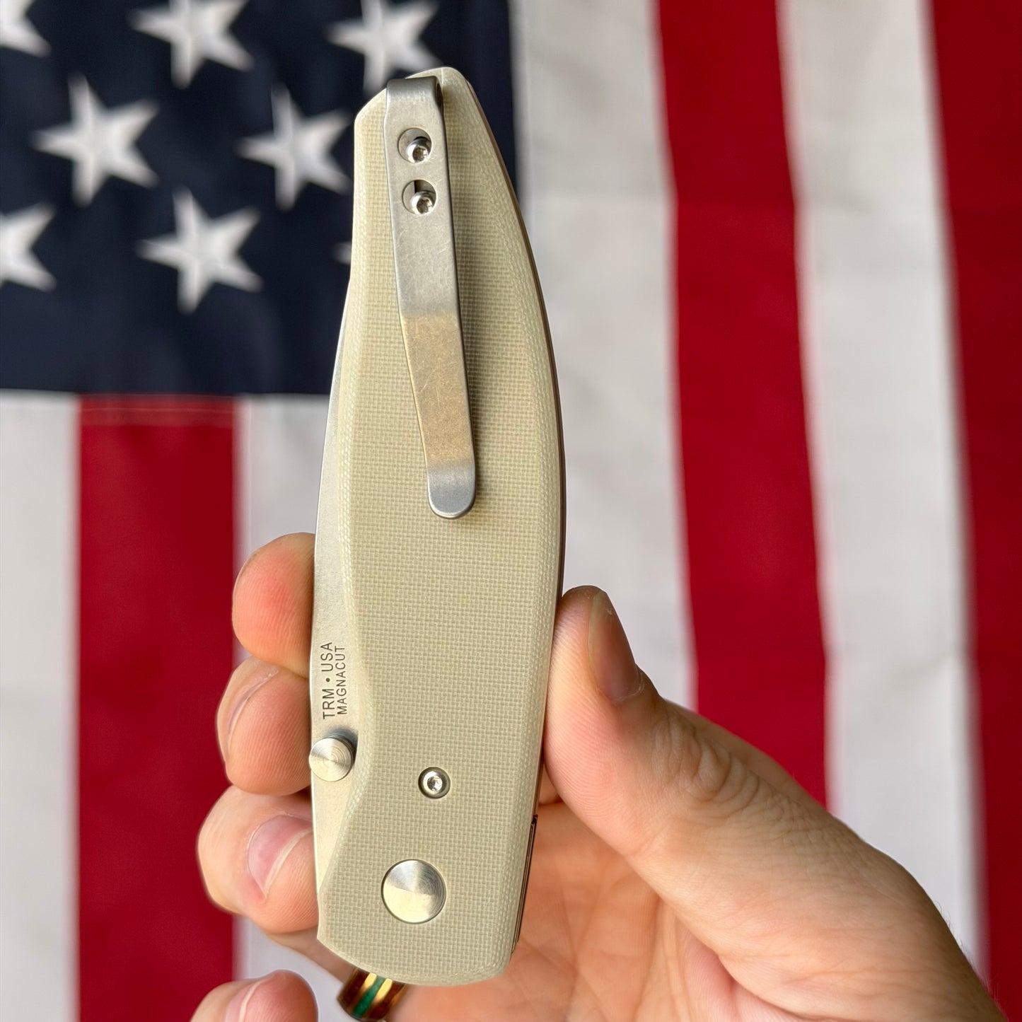 The Back Door: TRM Knives ATOM Linerlock Knife - Desert Tan G10 Flat Textured Scales, MagnaCut Blade - Made in USA (DLR-ATM-G10-FLT-DTN) (Demo)
