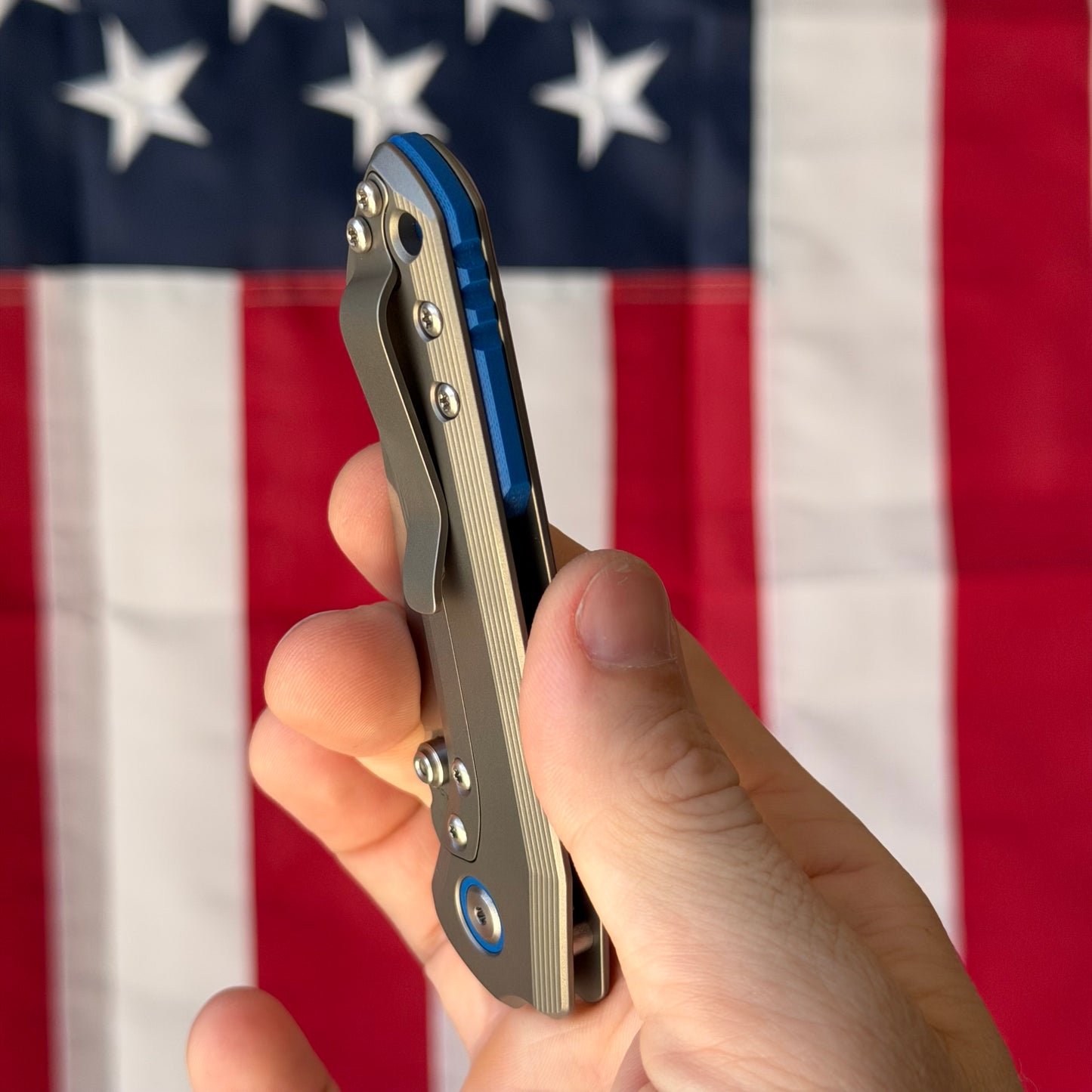 Millit Overland Folder 3.17″ Ti Frame Lock – Full Titanium Handle, Blue Backspacer & Pivot Collar, Magnacut Sheepsfoot – Made in USA