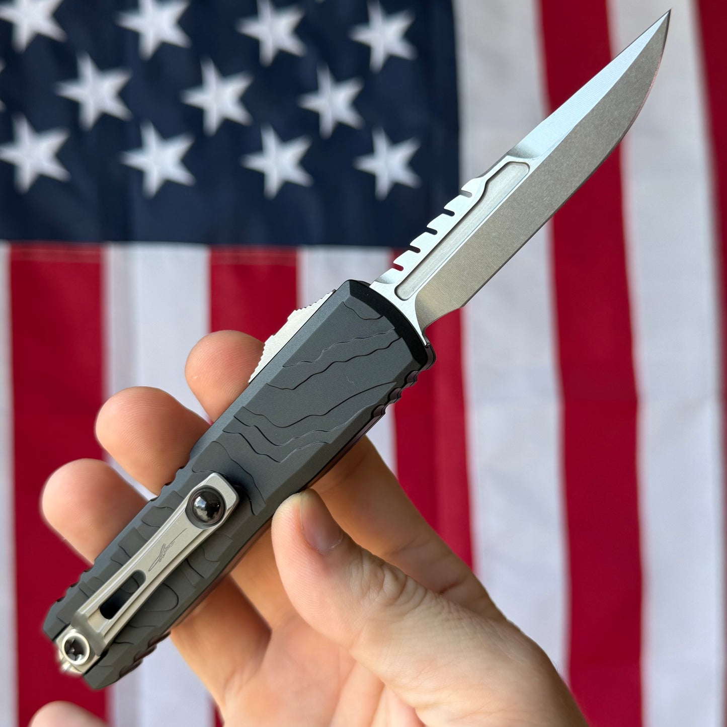Microtech UTX-85 Gen IV Signature Series 3.11" OTF – Interceptor Blade, Black Topographic Deep Engraved Handle, M390MK Stonewash – BSA26 – Made in USA (12354TP-10S)
