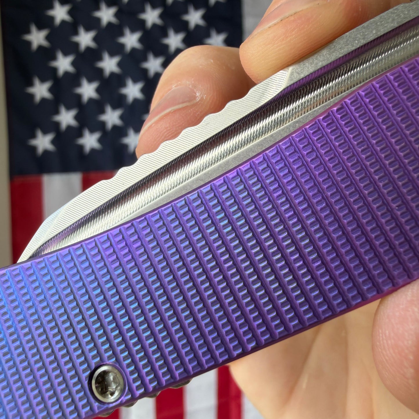 MachineWise Mojave 3.45" Frame Lock – Purple/Blue, Grenade Pattern, S90V 61.9 HRC – Serial 1324 – Made in USA