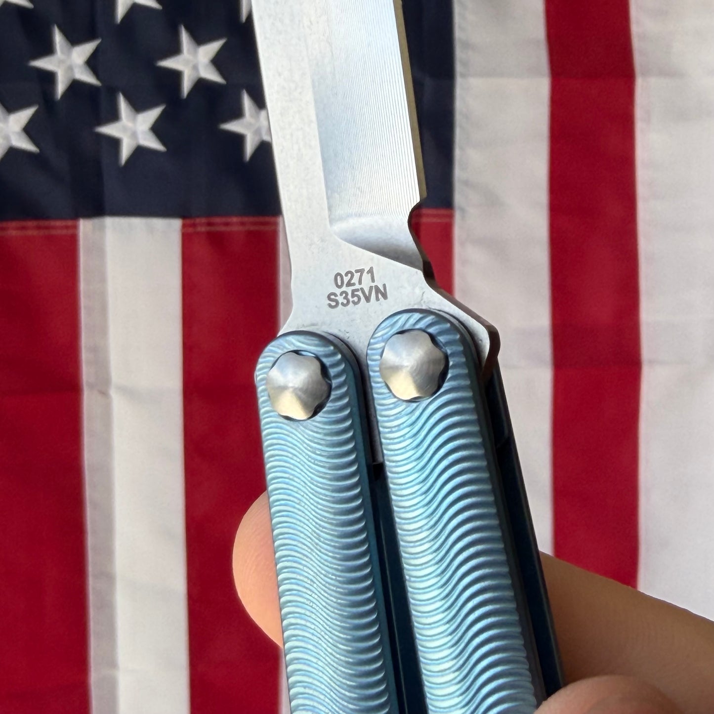 MachineWise Tottori 4.5" Balisong – Sky Blue Titanium, Wave Pattern, S35VN – Serial 271 – BSA26 – Made in USA
