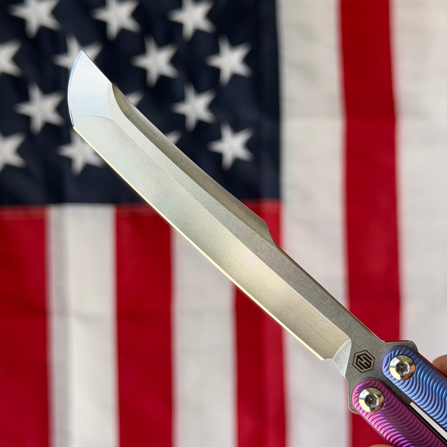 MachineWise Tottori 4.5" Balisong – Blue & Pink Two-Tone Titanium, Wave Pattern, S35VN – Serial 263 – BSA26 – Made in USA