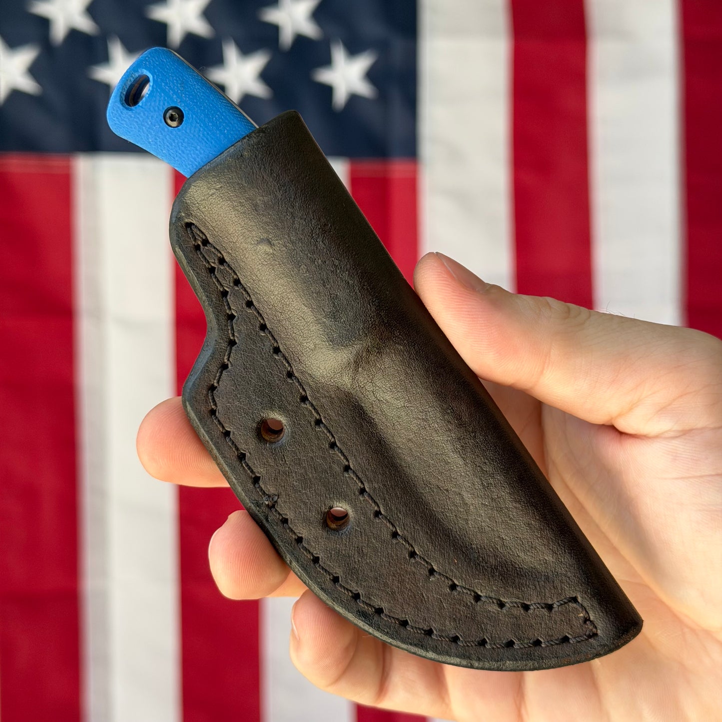 TRM TAGALONG 2.44" Fixed Blade – Royal Blue G10, MagnaCut Tumbled, Leather Taco Sheath – Made in USA