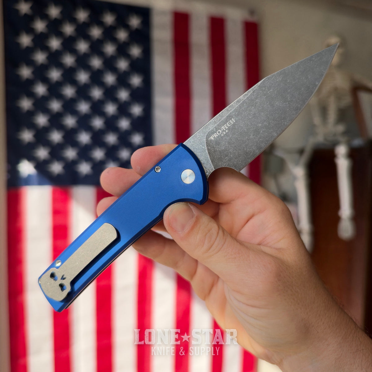 Pro-Tech Scapegoat Fullsize Auto, Ramon Chavez Design, Blue Aluminum, Acid Wash MagnaCut, Abalone Button, Stonewash Titanium Skull Clip, Serialized of 40, CCKS Fall 2026 - Made in USA (CCKSF26.RCS2101-AW LTD Blue)