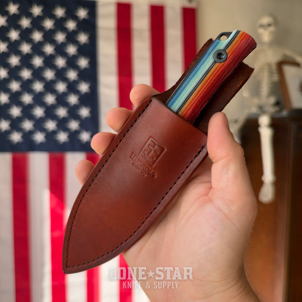 Leucadia Blade Co The LandShark - 3.5" MagnaCut Drop Point, Black DLC, Mexican Blanket GCarta, Leather Sheath - Made in USA (LBC-LANDSHARK-MEXBLANKET-DLC)