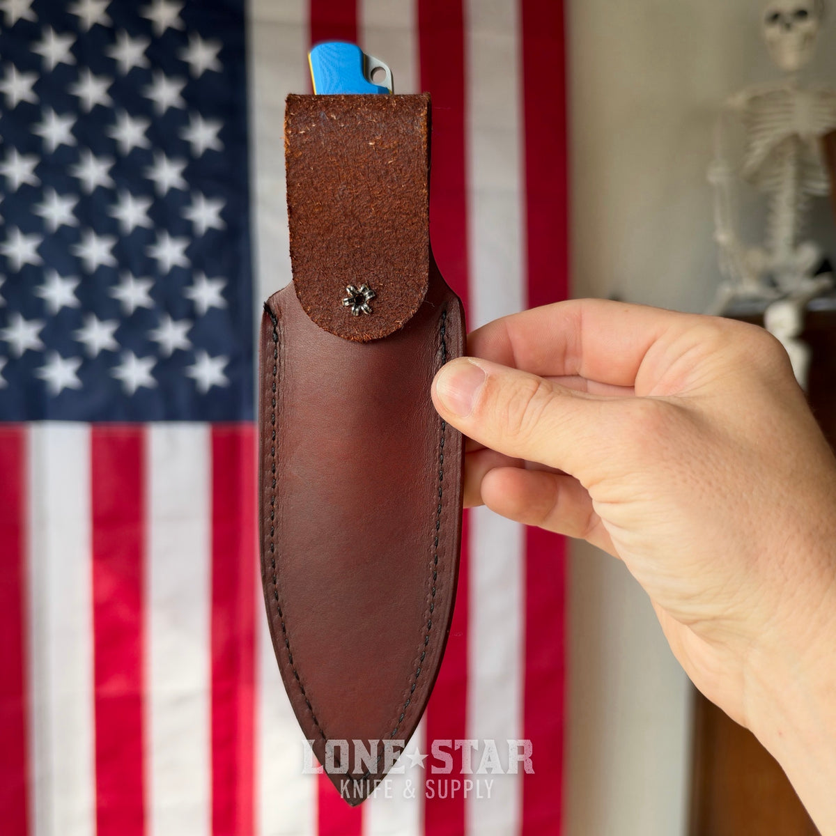 Leucadia Blade Co The LandShark - 3.5" MagnaCut Drop Point, Stonewash, Segmented Mahi GCarta with Blue G10, Leather Sheath - Made in USA (LBC-LANDSHARK-MAHI-SEG-BLUEG10)