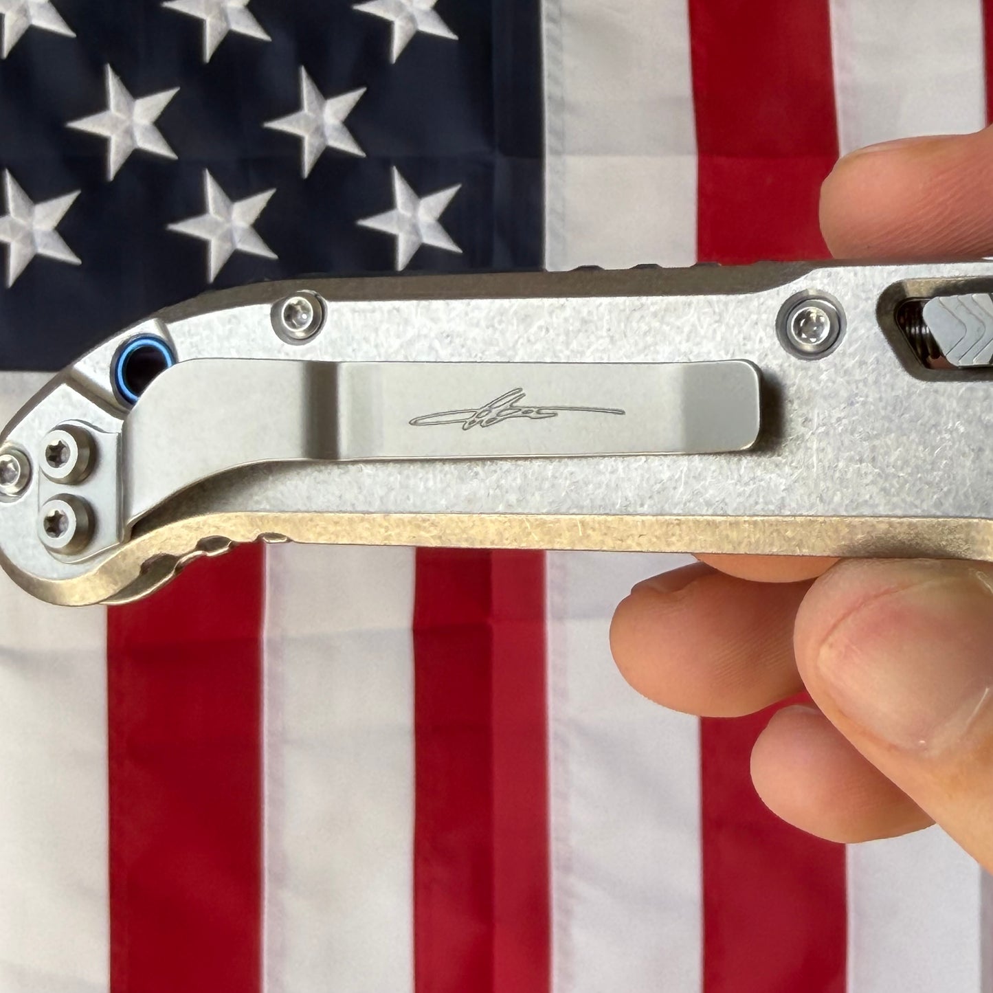 Microtech L.U.D.T. RAM-LOK 3.45" Marfione Select – Slab Titanium, M390MK Clip Point Stonewash, Blue Accent – Made in USA (1135RLS-10MS2)