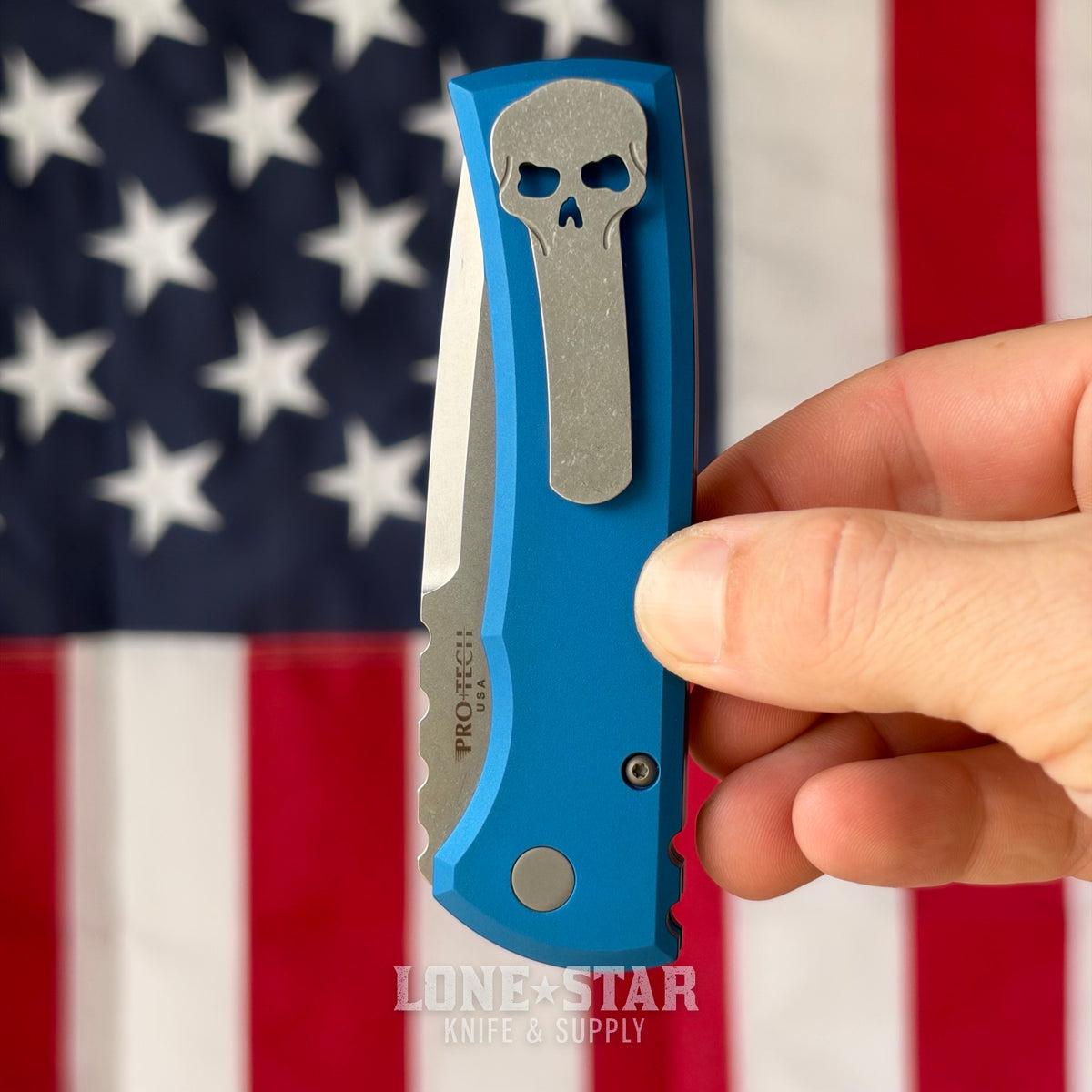 The Back Door: Chaves x Pro-Tech Redencion 229 Auto, 3.375" S35VN Stonewash Tanto, Blue Aluminum - Made in USA (Trade In)